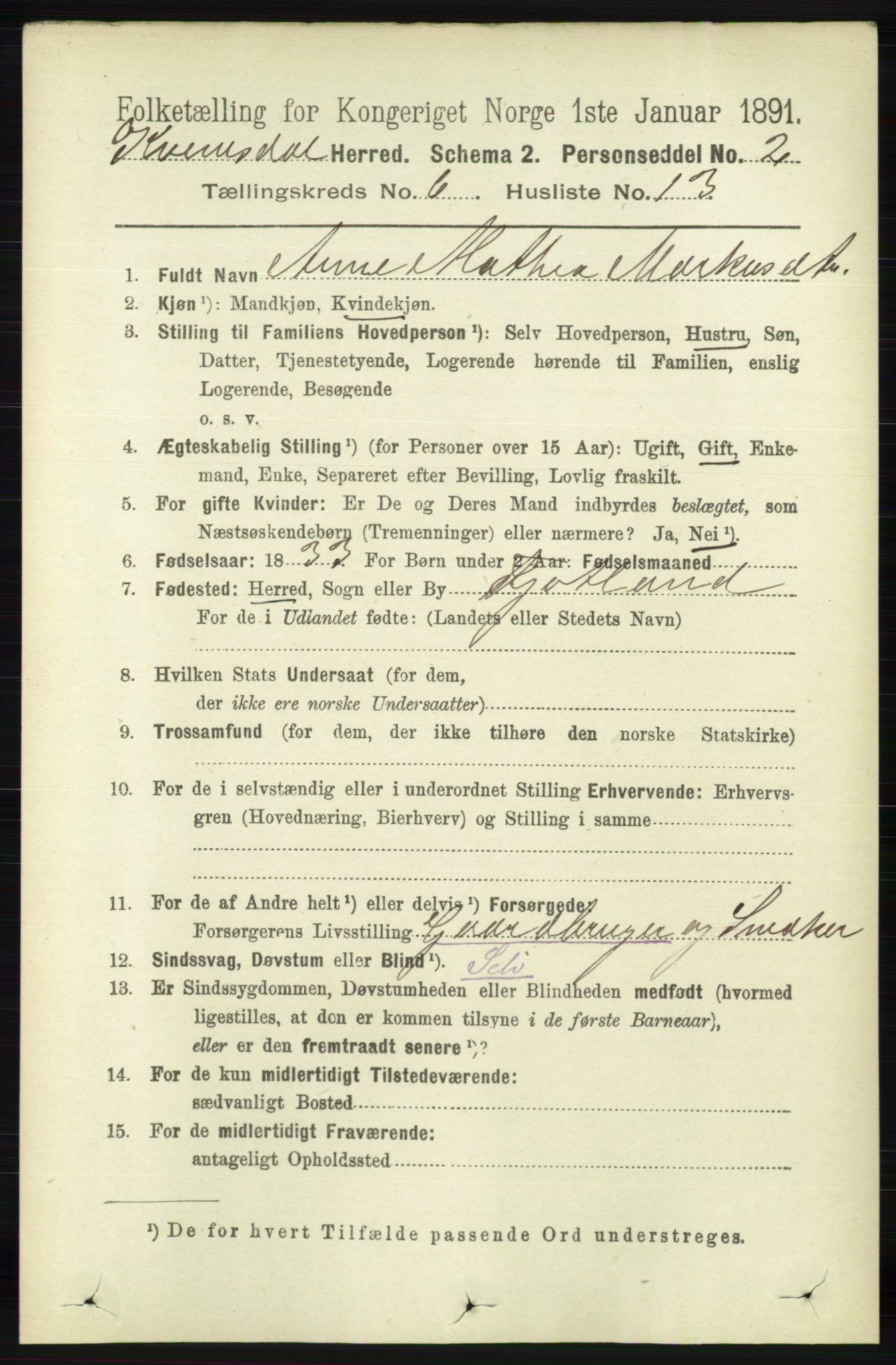 RA, 1891 census for 1037 Kvinesdal, 1891, p. 2167