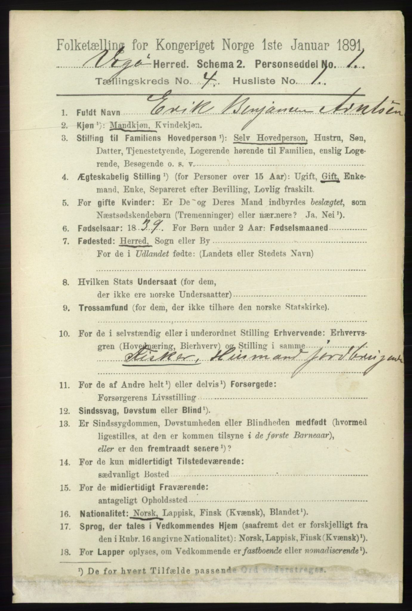 RA, 1891 census for 1815 Vega, 1891, p. 1458