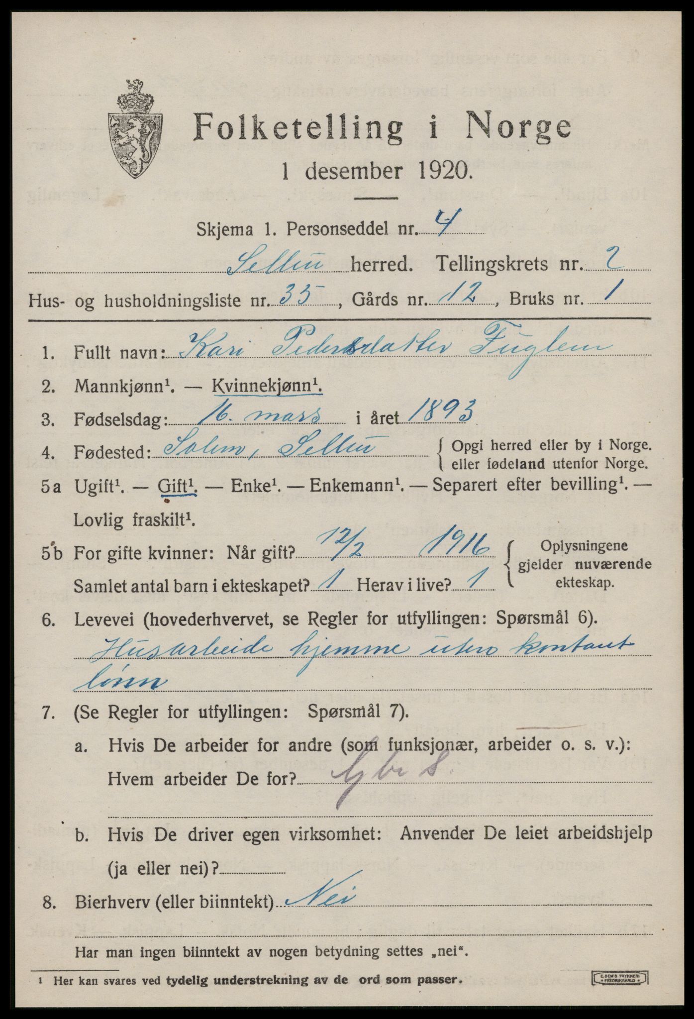 SAT, 1920 census for Selbu, 1920, p. 2294