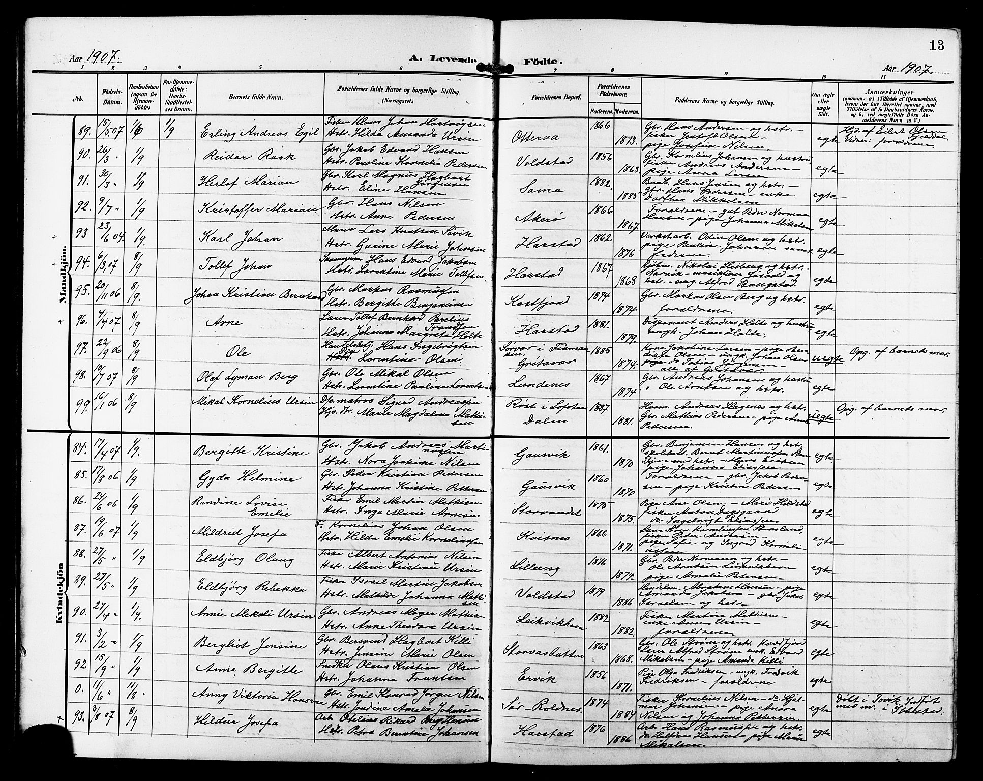 Trondenes sokneprestkontor, AV/SATØ-S-1319/H/Hb/L0012klokker: Parish register (copy) no. 12, 1907-1916, p. 13