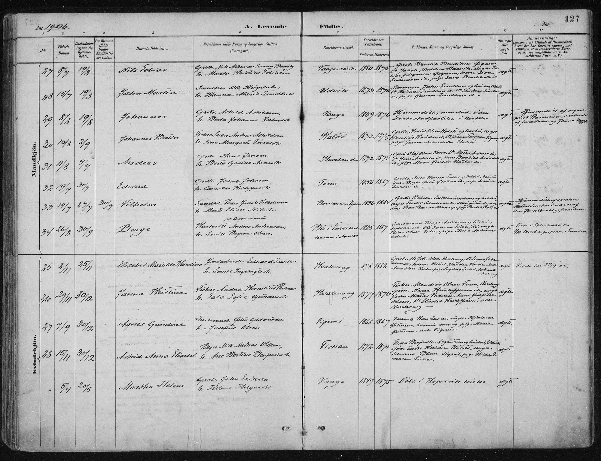 Avaldsnes sokneprestkontor, AV/SAST-A -101851/H/Ha/Haa/L0017: Parish register (official) no. A 17, 1889-1920, p. 127