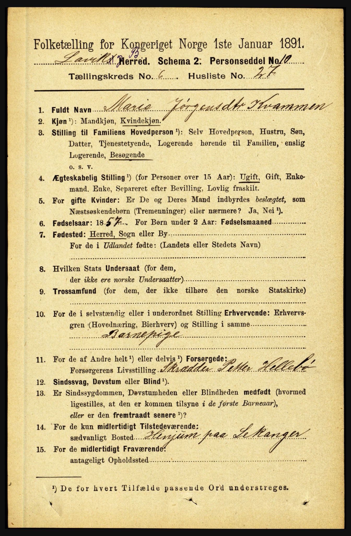 RA, 1891 census for 1415 Lavik og Brekke, 1891, p. 1315