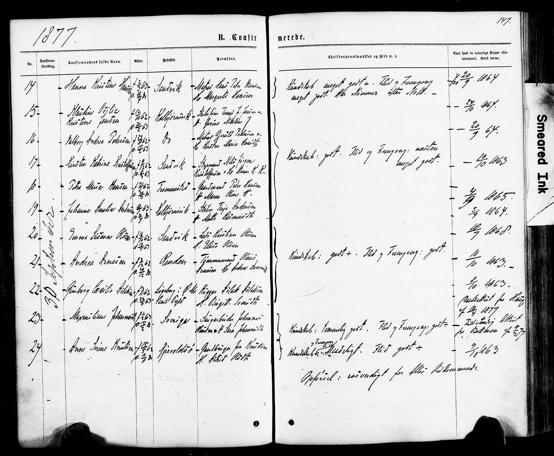 Hisøy sokneprestkontor, SAK/1111-0020/F/Fa/L0002: Parish register (official) no. A 2, 1872-1880, p. 147