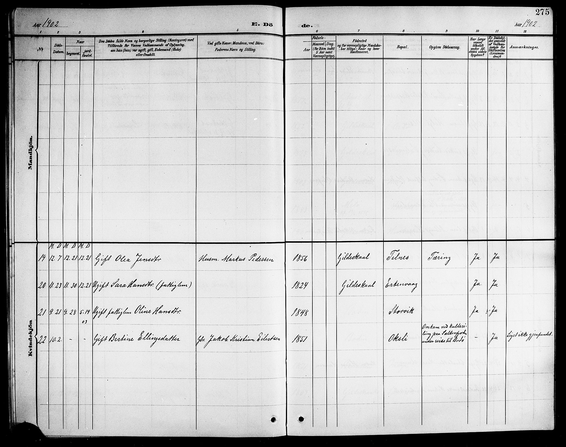 Ministerialprotokoller, klokkerbøker og fødselsregistre - Nordland, AV/SAT-A-1459/805/L0109: Parish register (copy) no. 805C05, 1900-1911, p. 275