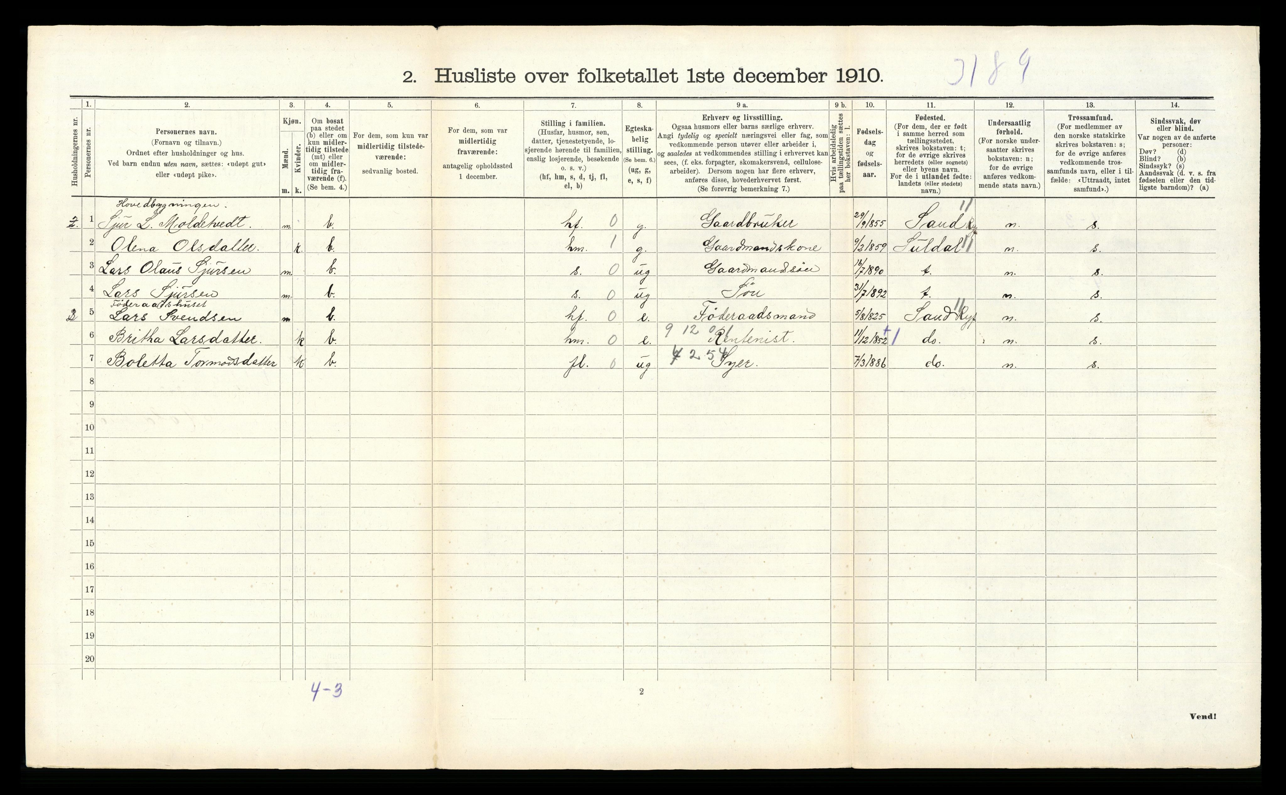 RA, 1910 census for Sauda, 1910, p. 605