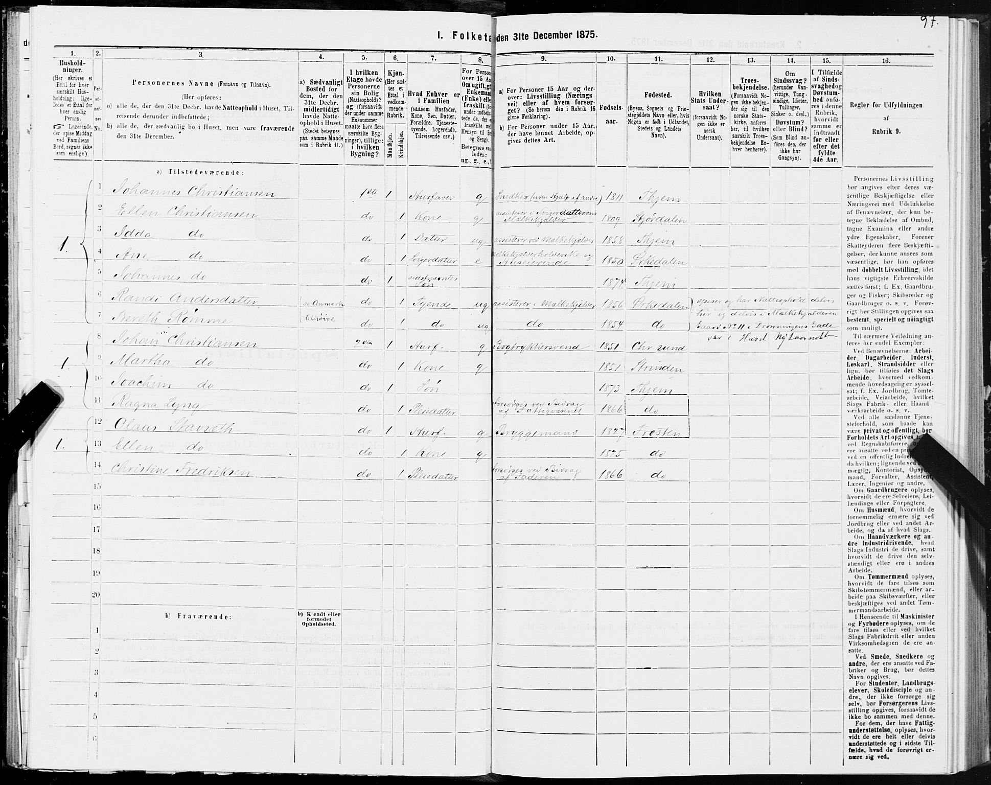 SAT, 1875 census for 1601 Trondheim, 1875, p. 6097