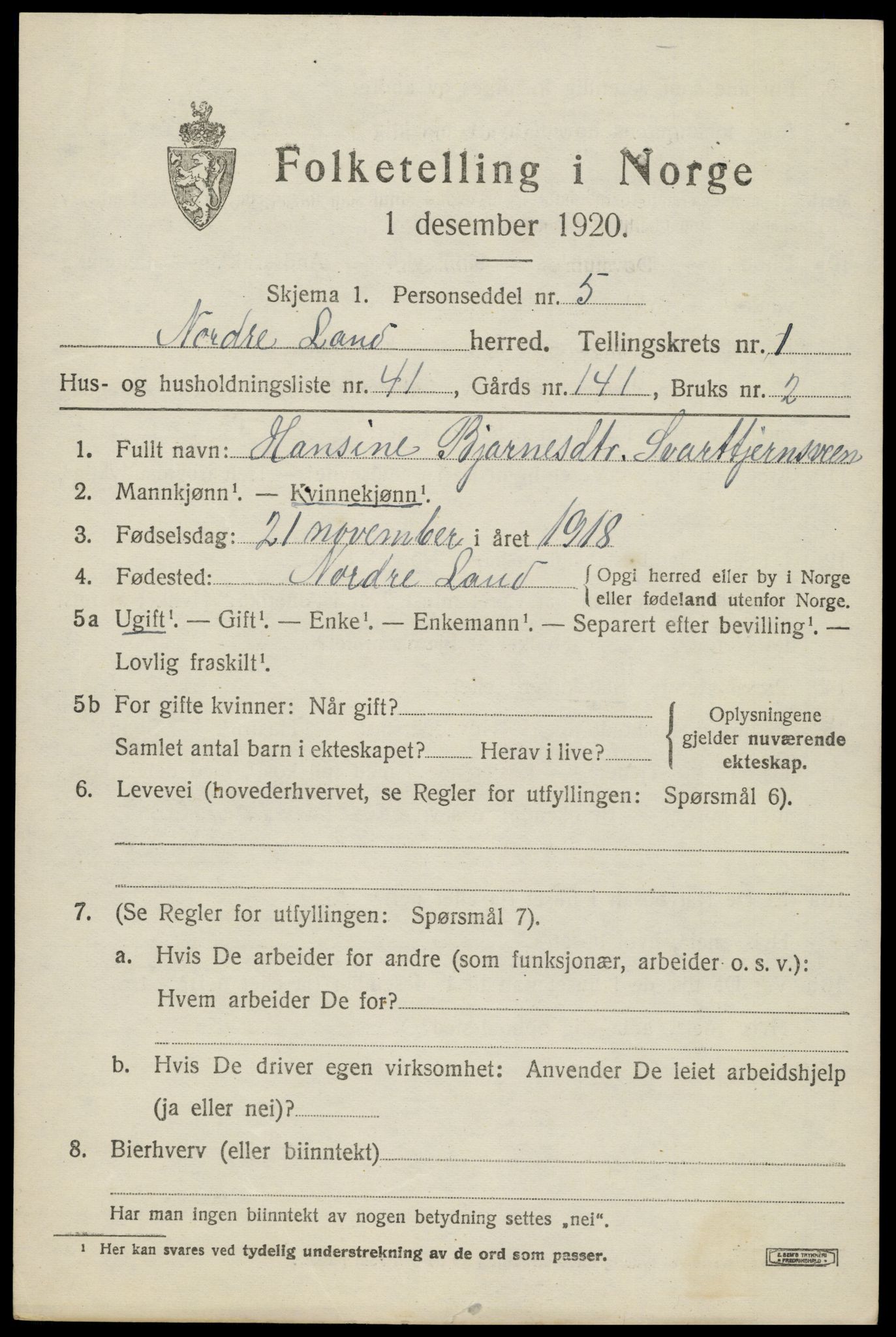 SAH, 1920 census for Nordre Land, 1920, p. 1566