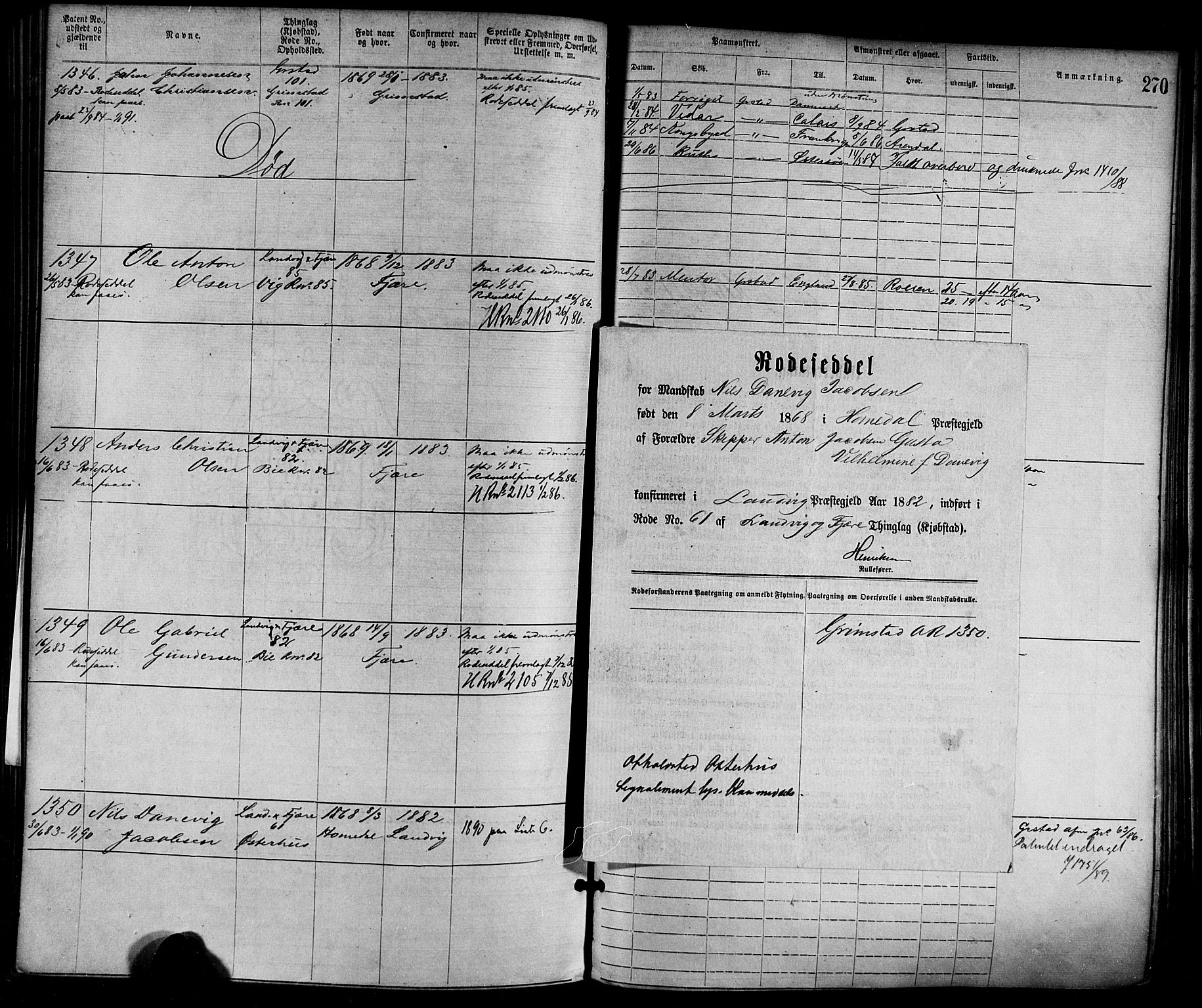 Grimstad mønstringskrets, AV/SAK-2031-0013/F/Fa/L0001: Annotasjonsrulle nr 1-1920 med register, F-1, 1870-1892, p. 301
