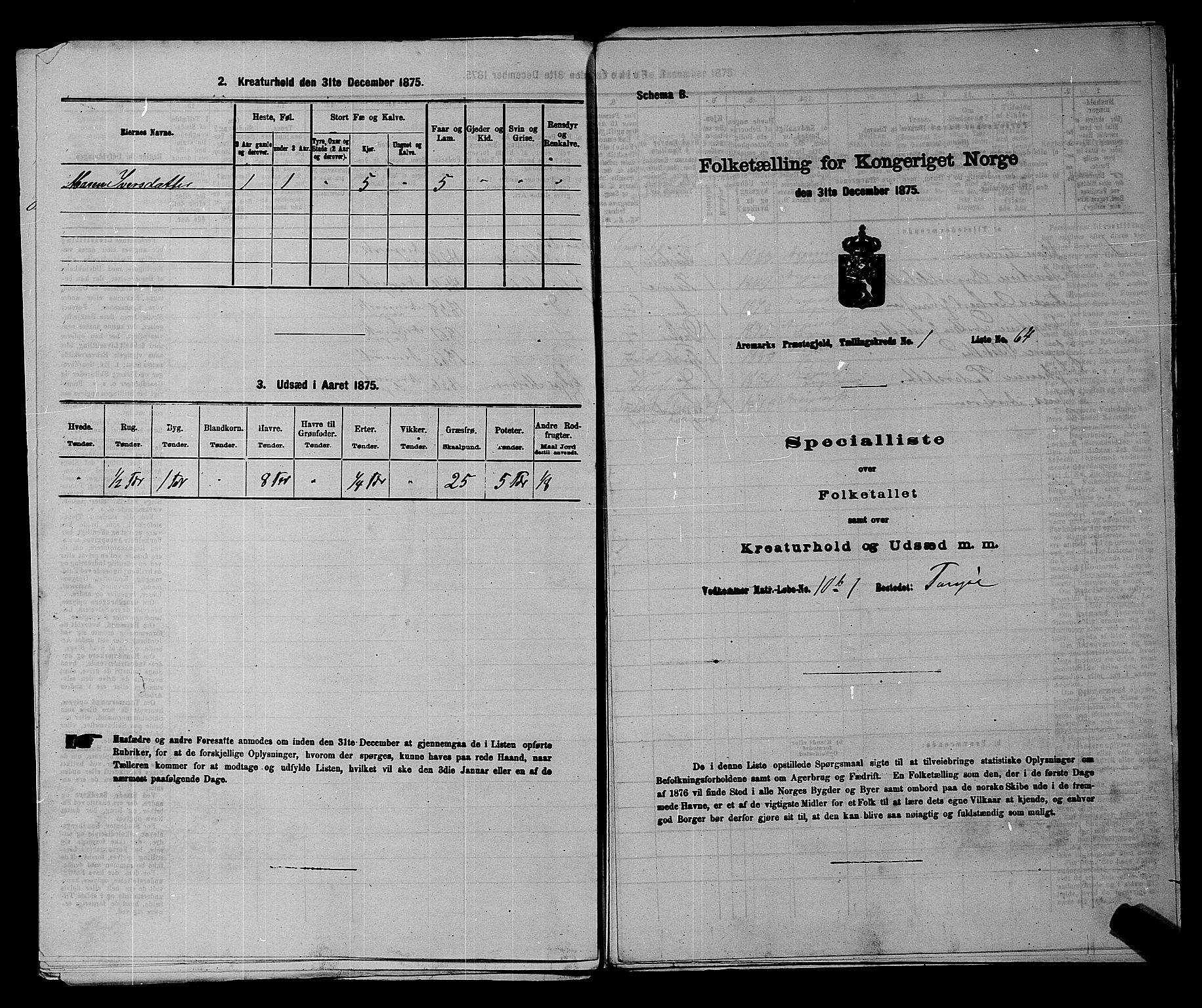 RA, 1875 census for 0118P Aremark, 1875, p. 136