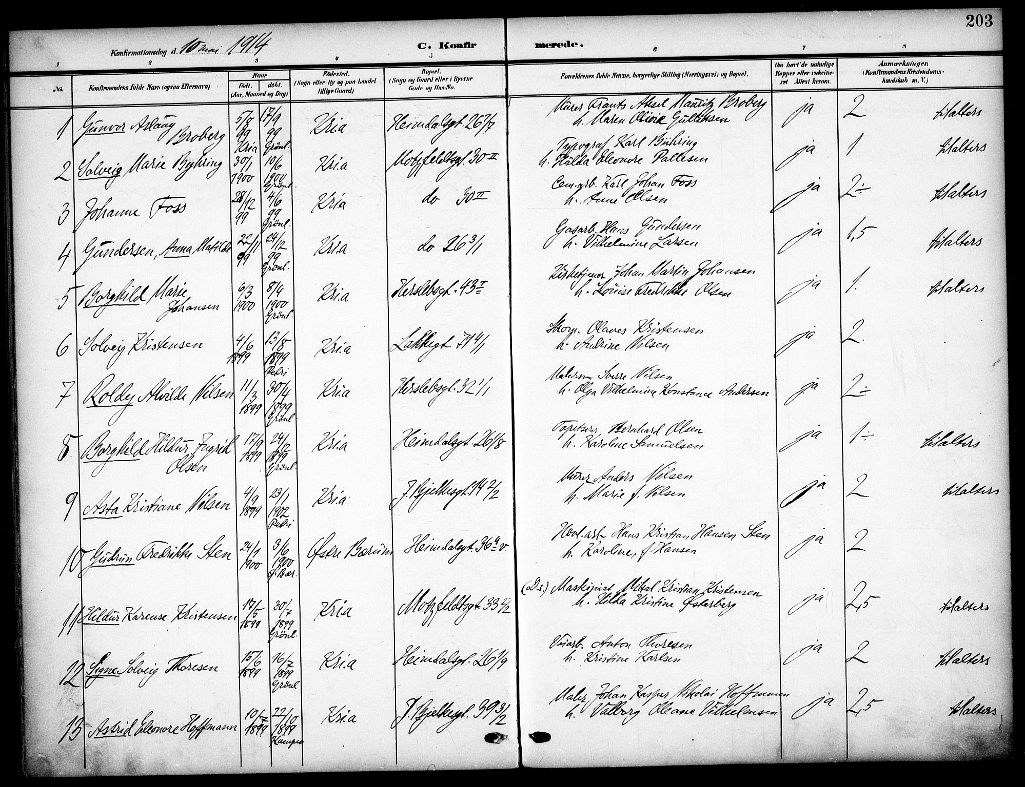 Tøyen prestekontor Kirkebøker, SAO/A-10167a/F/Fa/L0001: Parish register (official) no. 1, 1907-1916, p. 203