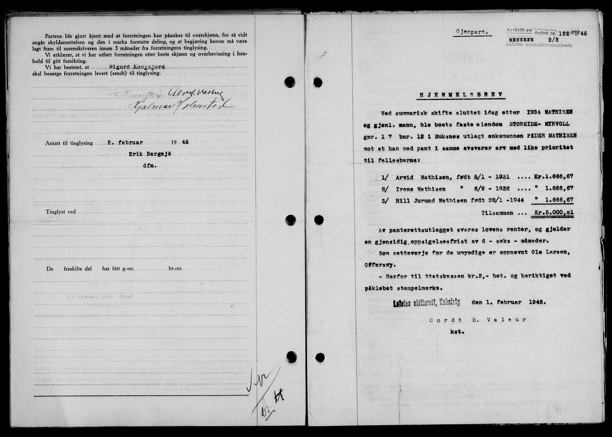 Lofoten sorenskriveri, SAT/A-0017/1/2/2C/L0013a: Mortgage book no. 13a, 1944-1946, Diary no: : 122/1946