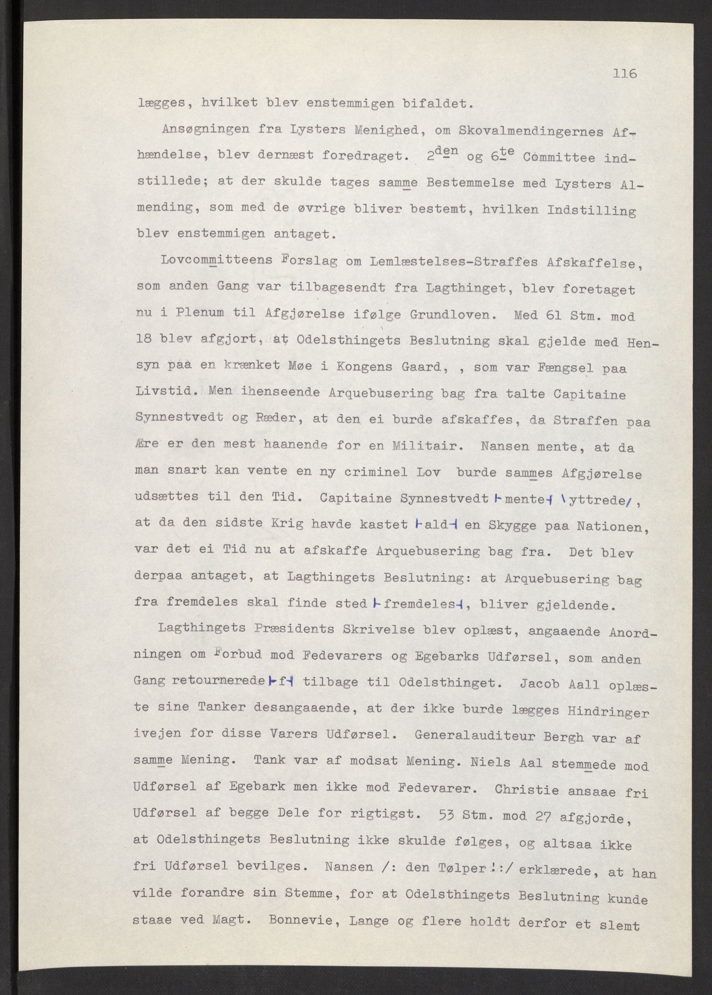 Manuskriptsamlingen, AV/RA-EA-3667/F/L0197: Wetlesen, Hans Jørgen (stortingsmann, ingeniørkaptein); Referat fra Stortinget 1815-1816, 1815-1816, p. 116