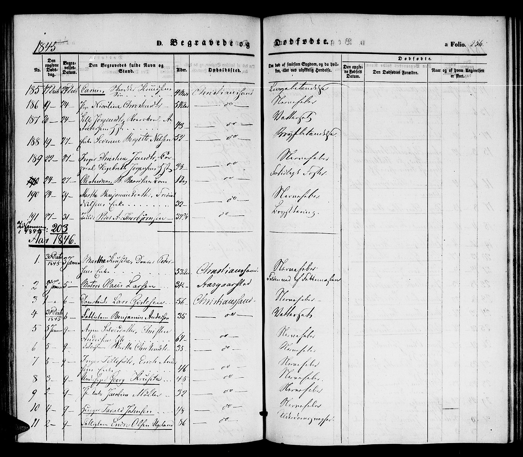 Kristiansand domprosti, SAK/1112-0006/F/Fb/L0010: Parish register (copy) no. B 10, 1843-1850, p. 256