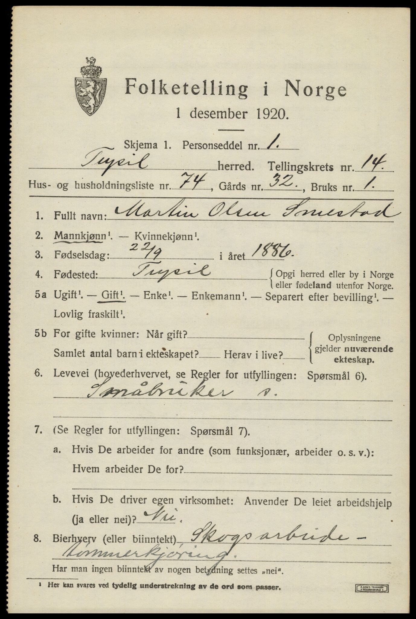 SAH, 1920 census for Trysil, 1920, p. 8765