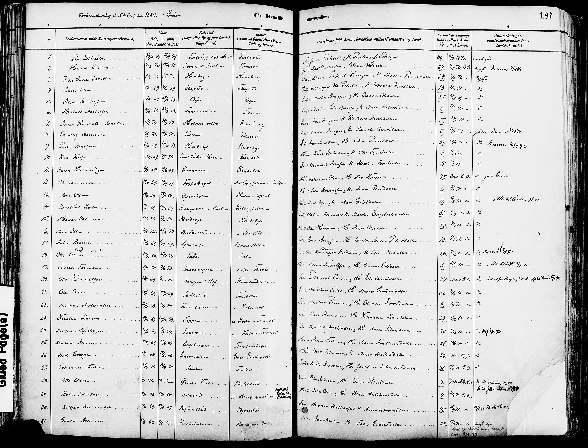 Grue prestekontor, SAH/PREST-036/H/Ha/Haa/L0012: Parish register (official) no. 12, 1881-1897, p. 187