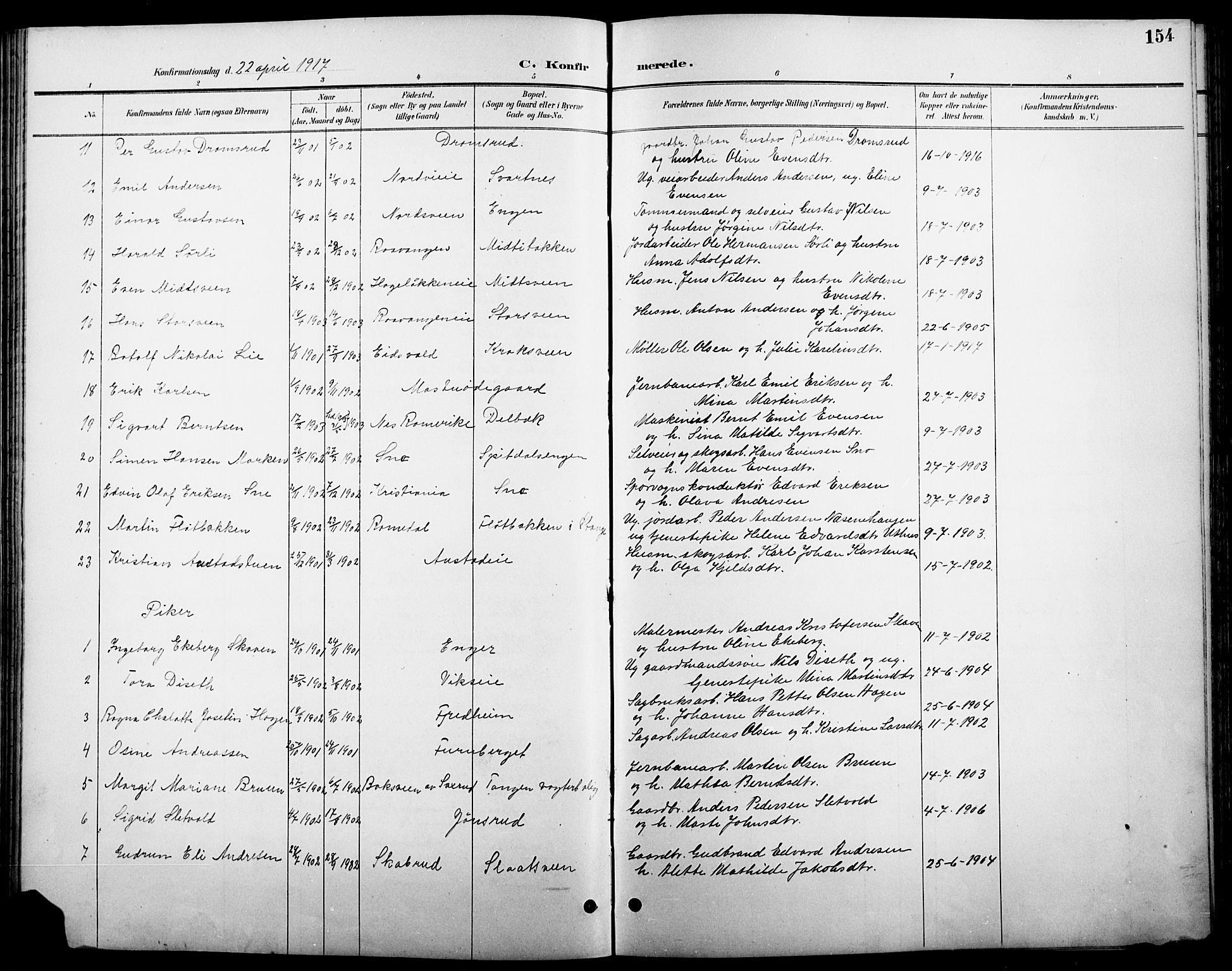 Stange prestekontor, SAH/PREST-002/L/L0011: Parish register (copy) no. 11, 1895-1917, p. 154