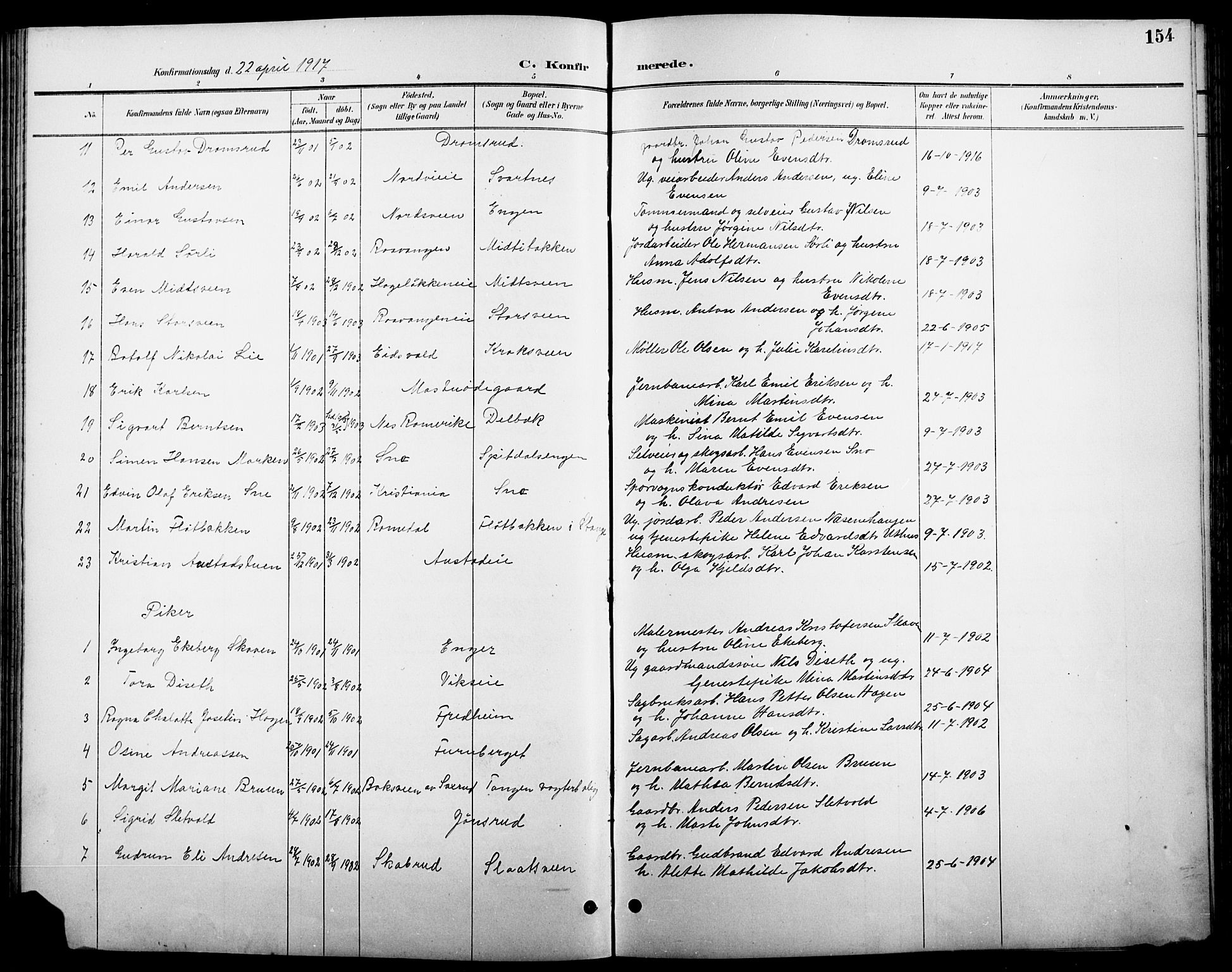 Stange prestekontor, AV/SAH-PREST-002/L/L0011: Parish register (copy) no. 11, 1895-1917, p. 154