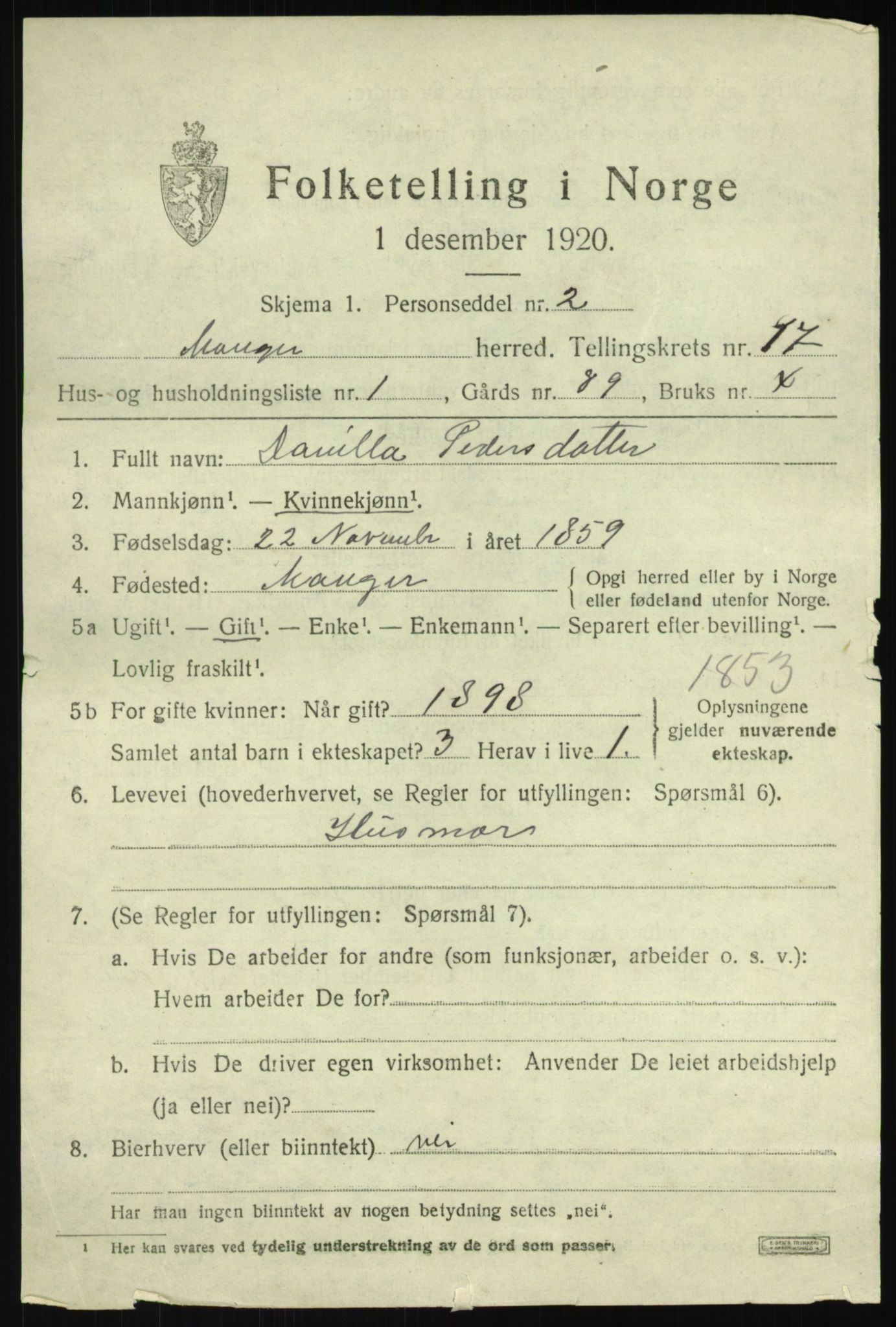 SAB, 1920 census for Manger, 1920, p. 9516