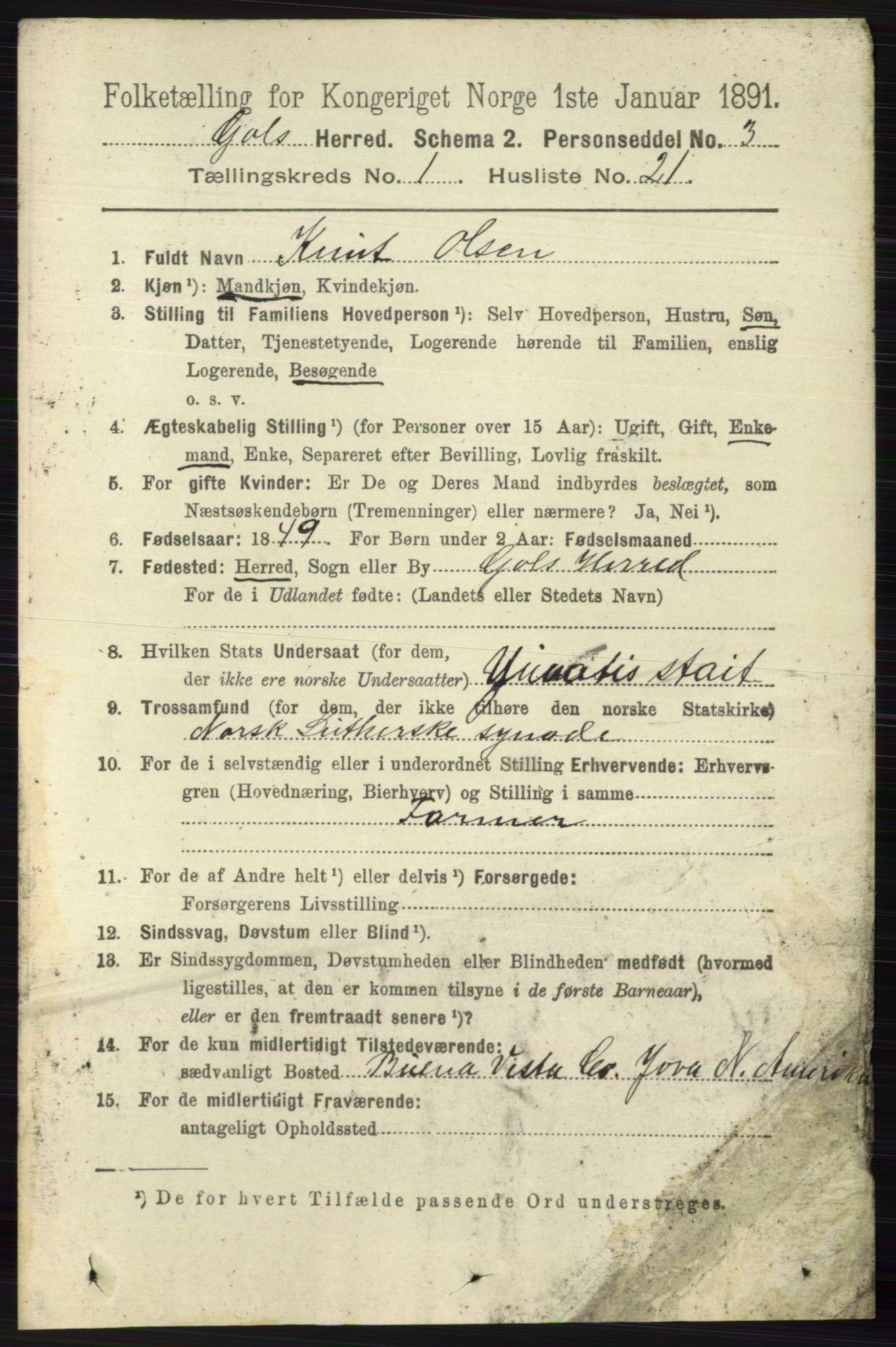 RA, 1891 census for 0617 Gol og Hemsedal, 1891, p. 218