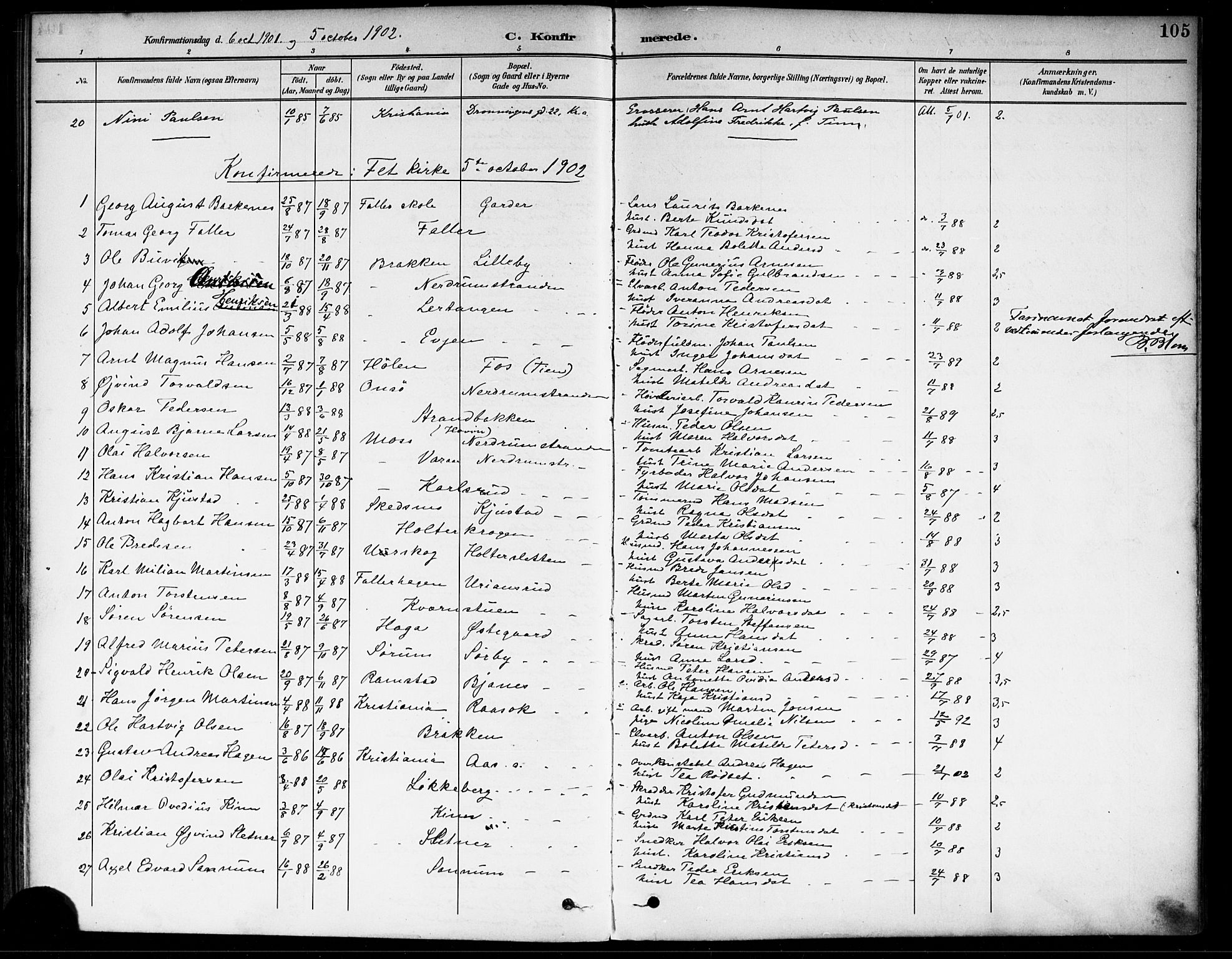 Fet prestekontor Kirkebøker, SAO/A-10370a/F/Fa/L0015: Parish register (official) no. I 15, 1892-1904, p. 105