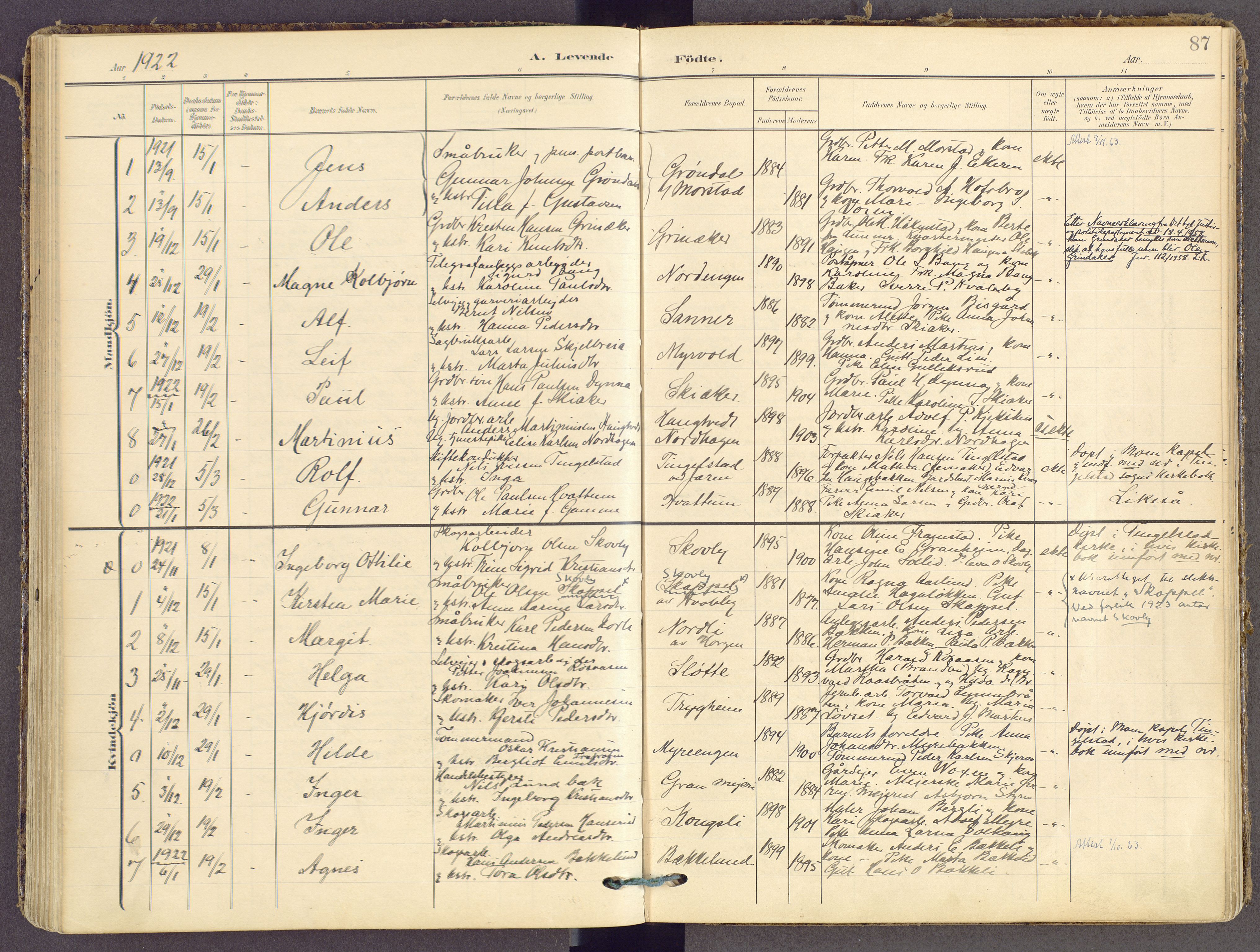 Gran prestekontor, SAH/PREST-112/H/Ha/Haa/L0021: Parish register (official) no. 21, 1908-1932, p. 87