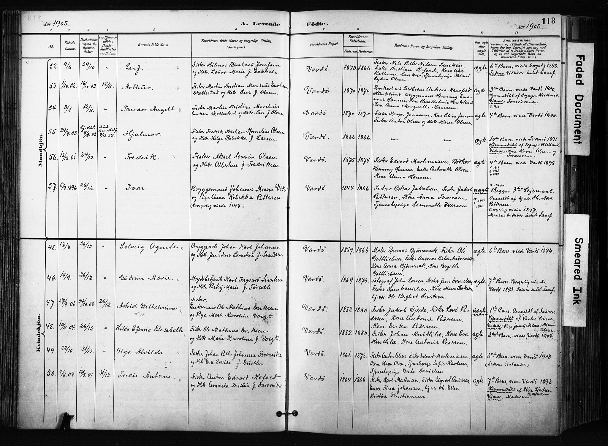 Vardø sokneprestkontor, AV/SATØ-S-1332/H/Ha/L0010kirke: Parish register (official) no. 10, 1895-1907, p. 113