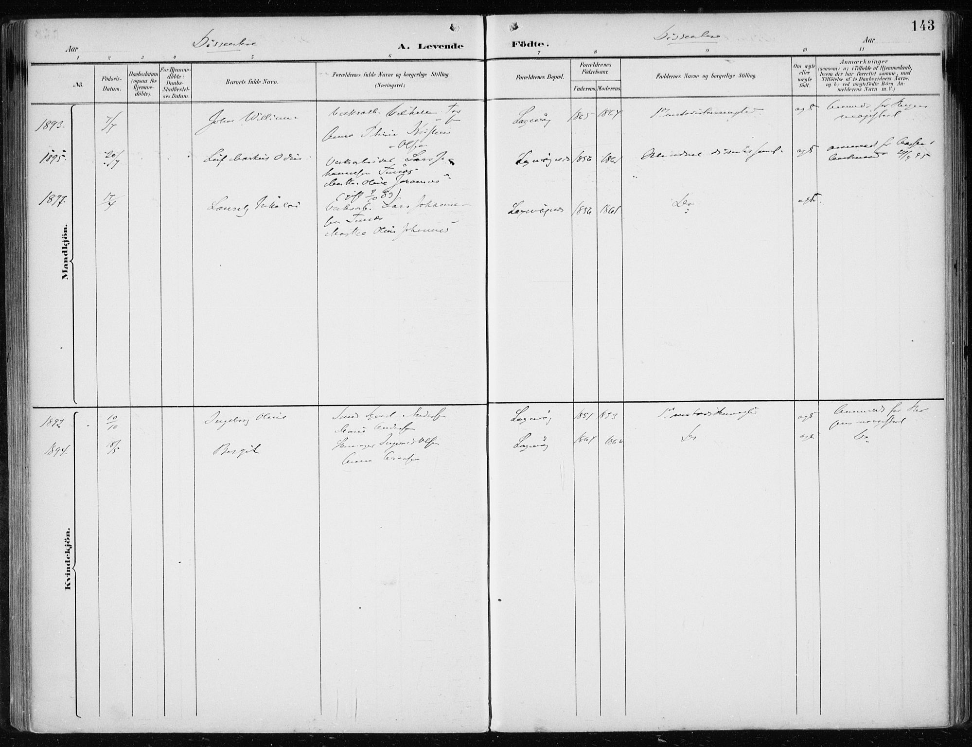 Askøy Sokneprestembete, SAB/A-74101/H/Ha/Haa/Haae/L0003: Parish register (official) no. E 3, 1891-1903, p. 143
