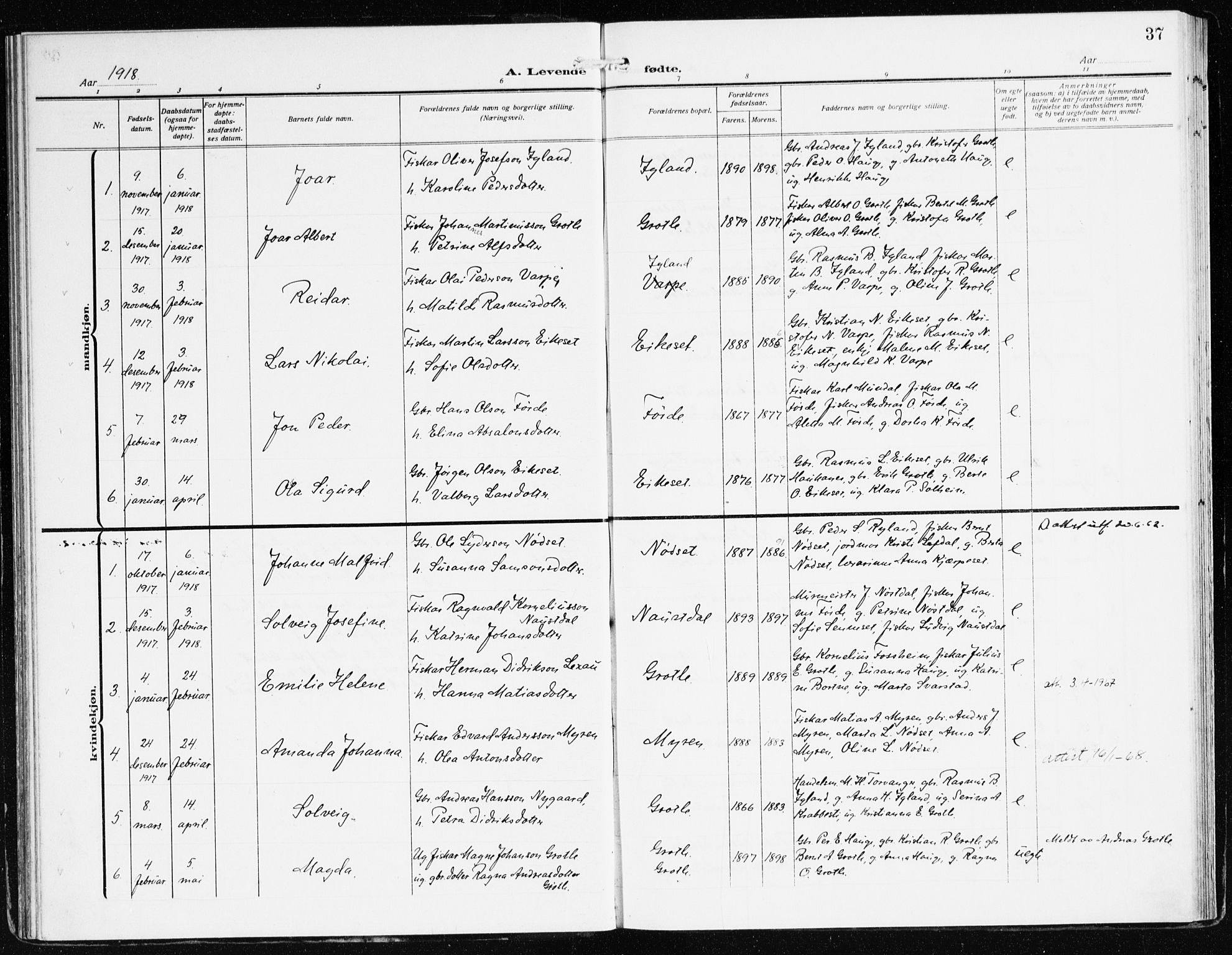 Bremanger sokneprestembete, SAB/A-82201/H/Haa/Haac/L0001: Parish register (official) no. C 1, 1908-1921, p. 37