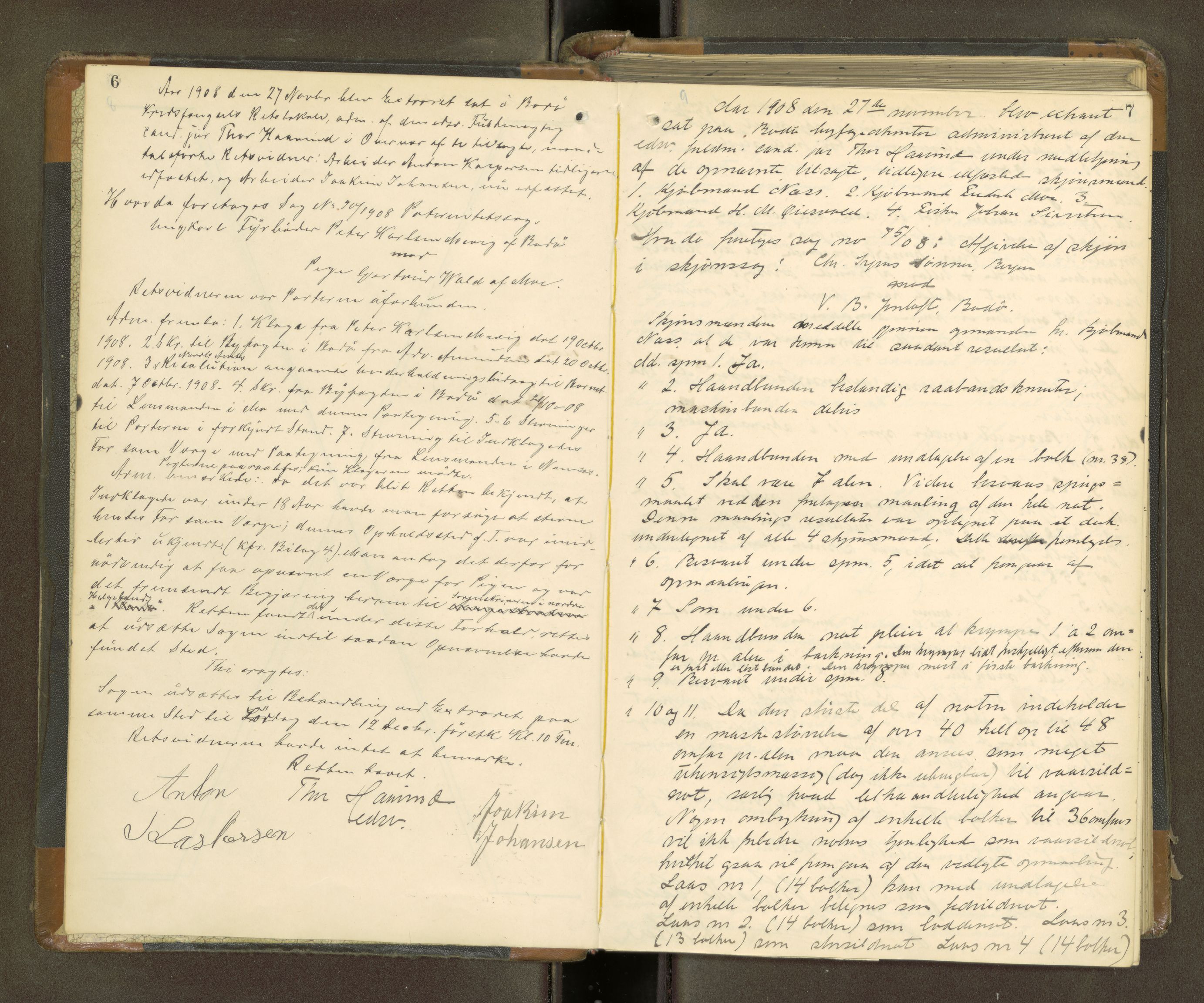 Bodø byfogd, AV/SAT-A-4588/1/1/1B/L0002: Ekstrarettsprotokoll, 1908-1918, p. 6-7