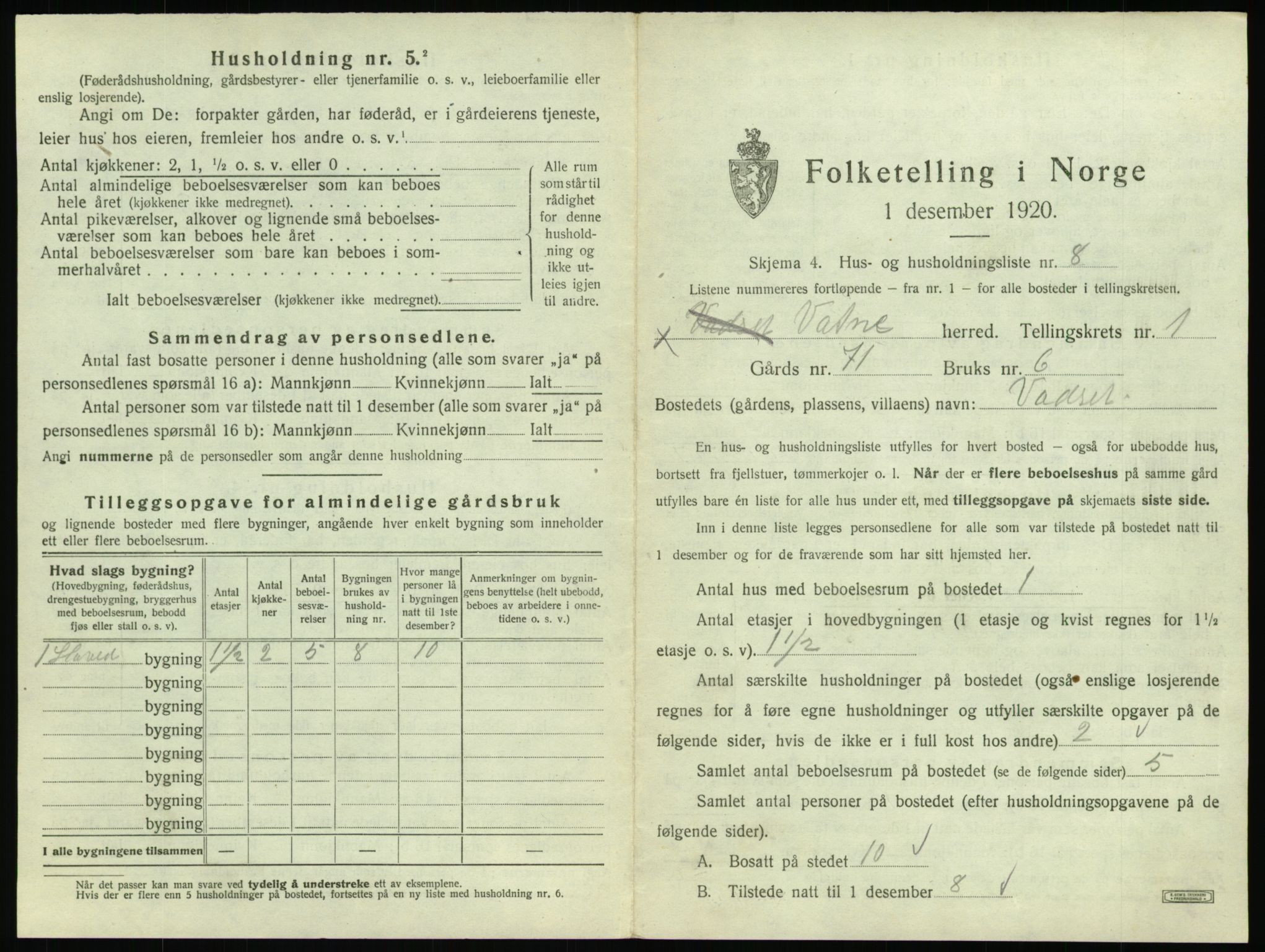 SAT, 1920 census for Vatne, 1920, p. 54
