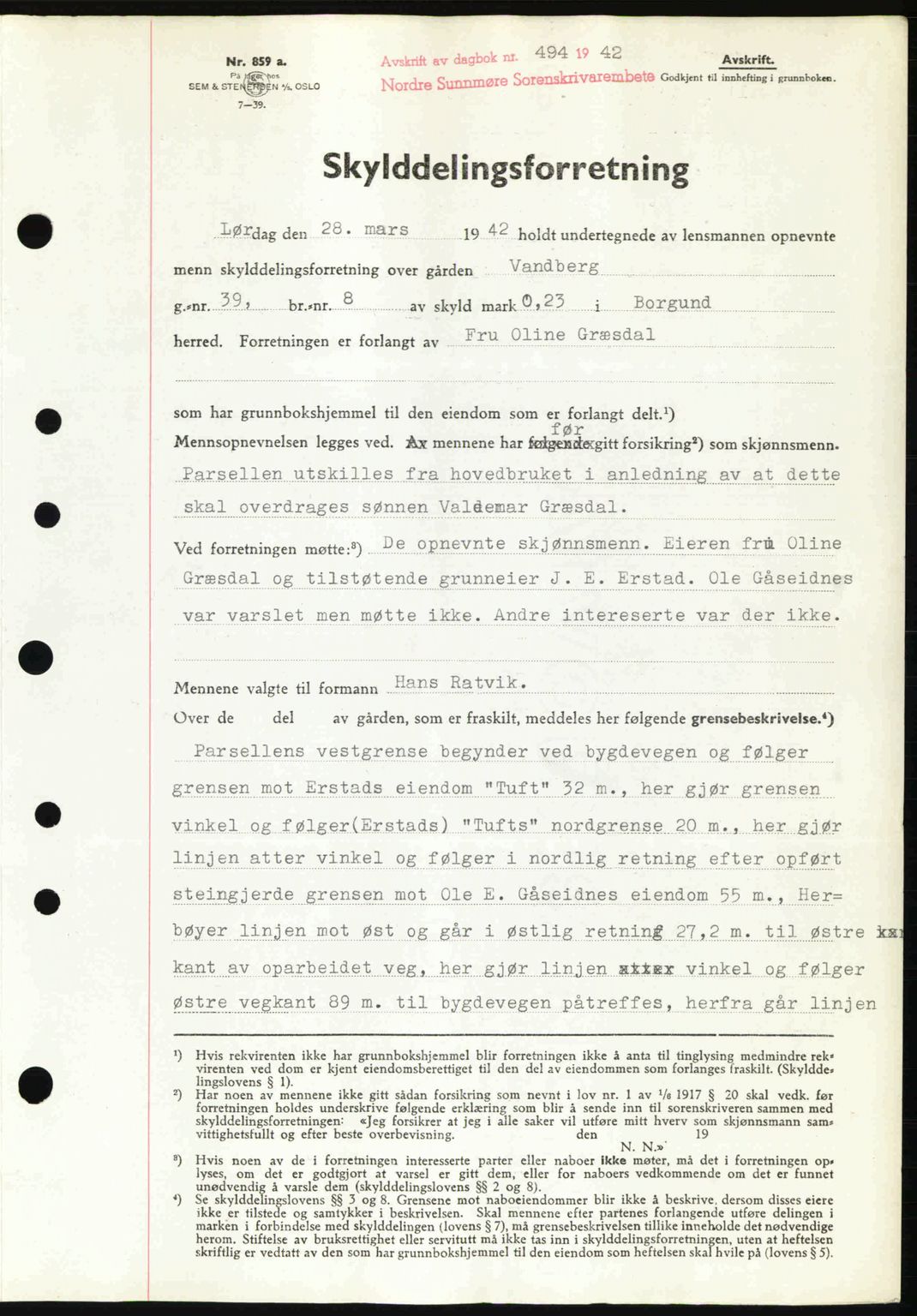 Nordre Sunnmøre sorenskriveri, AV/SAT-A-0006/1/2/2C/2Ca: Mortgage book no. A13, 1942-1942, Diary no: : 494/1942