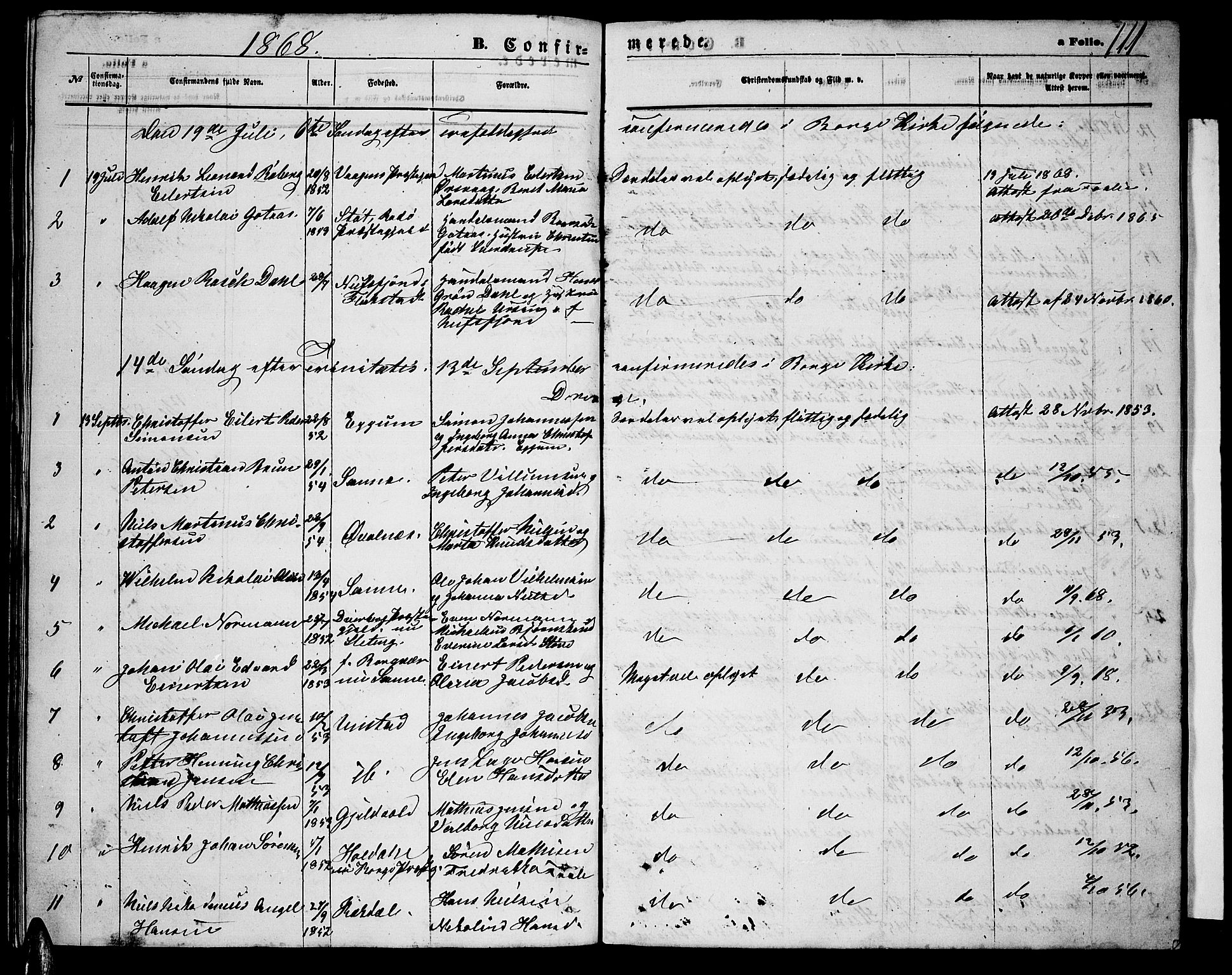 Ministerialprotokoller, klokkerbøker og fødselsregistre - Nordland, AV/SAT-A-1459/880/L1140: Parish register (copy) no. 880C02, 1861-1875, p. 111