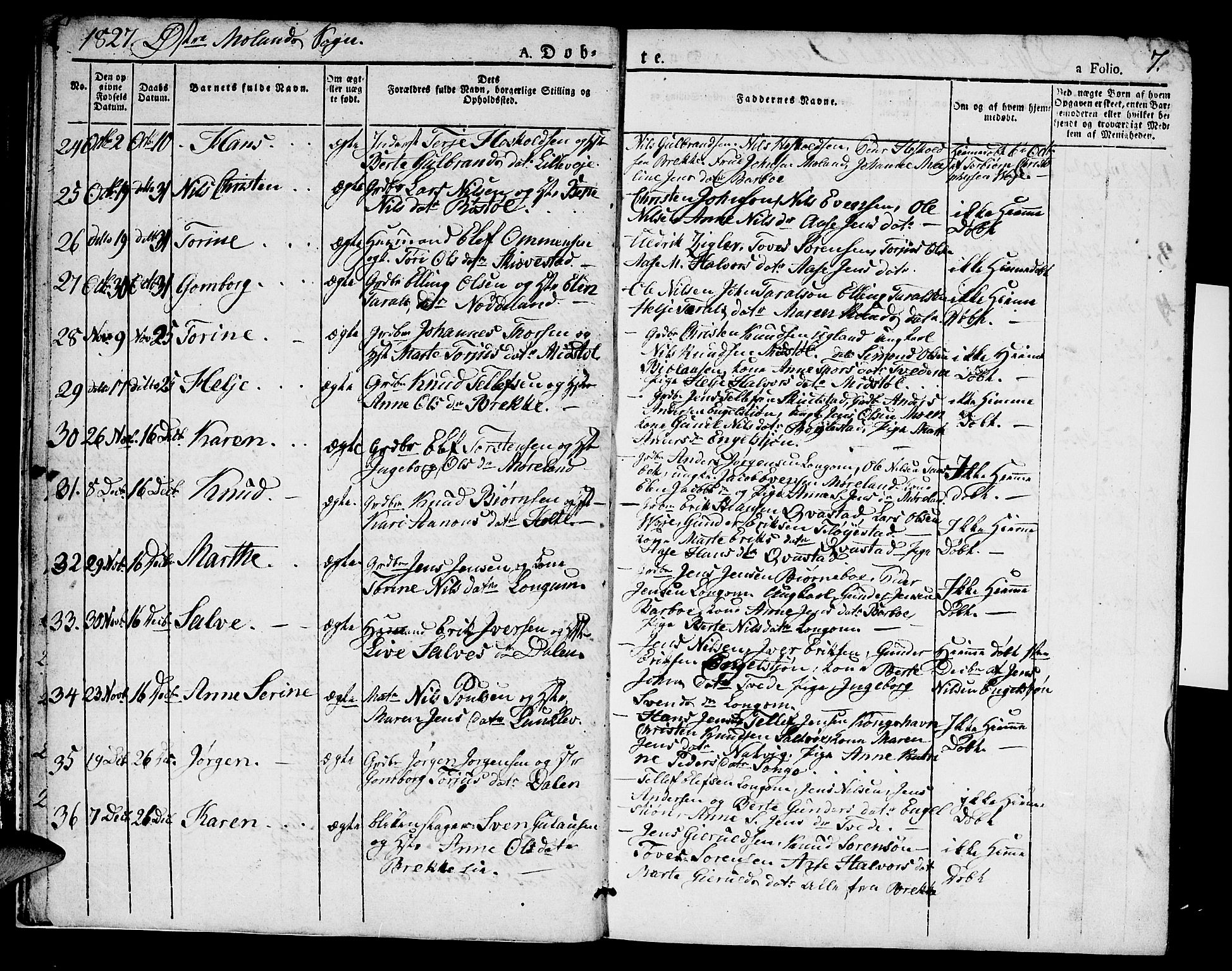 Austre Moland sokneprestkontor, SAK/1111-0001/F/Fa/Faa/L0005: Parish register (official) no. A 5, 1825-1837, p. 7