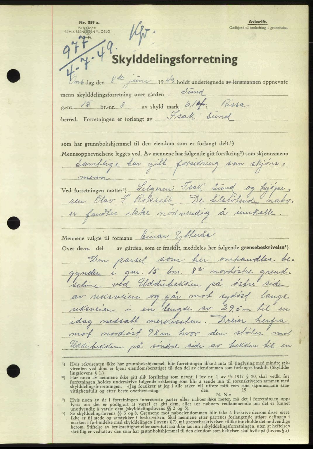 Fosen sorenskriveri, AV/SAT-A-1107/1/2/2C: Mortgage book no. A7-9, 1947-1949, Diary no: : 977/1949