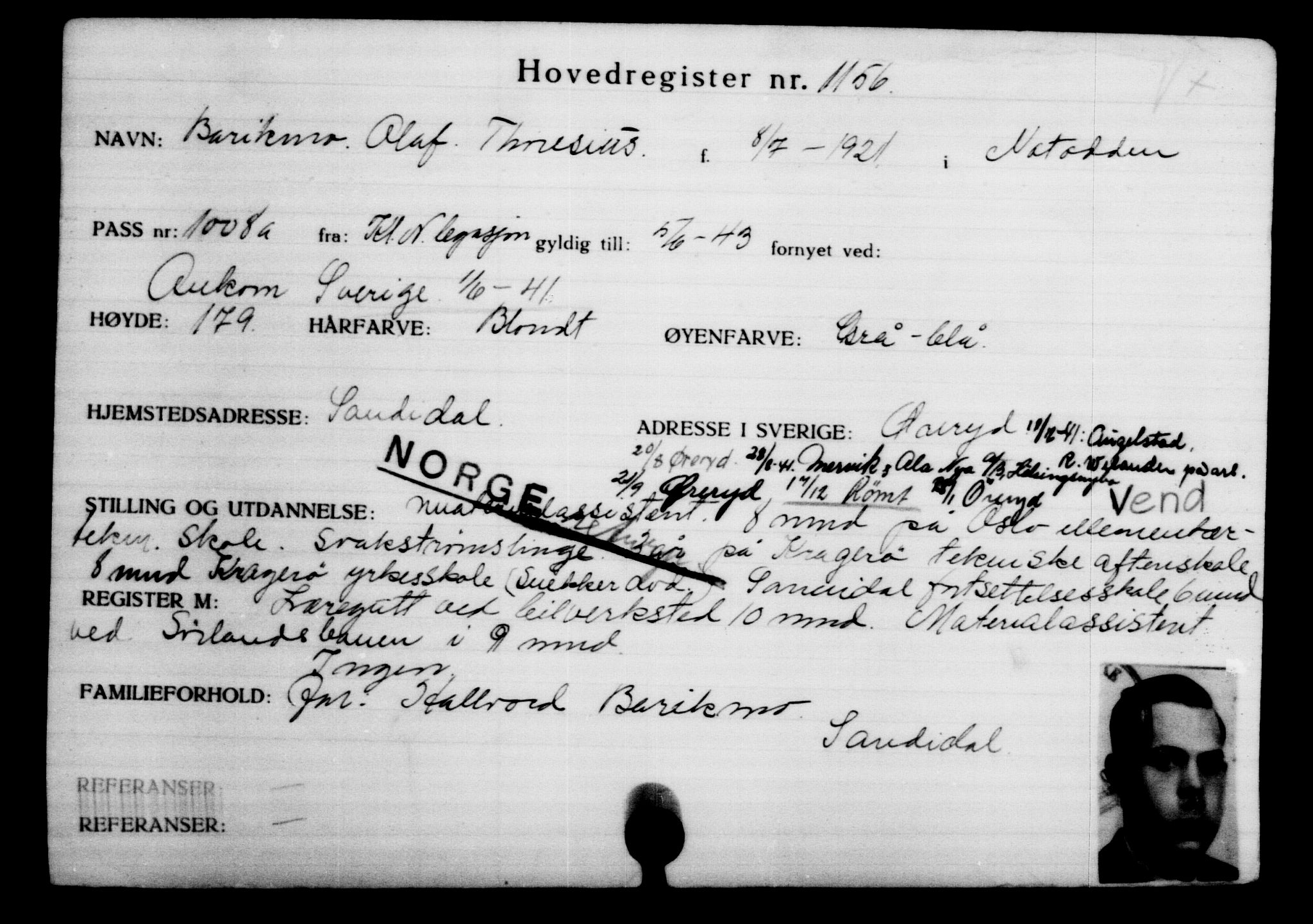 Utenriksstasjonene, Legasjonen i Stockholm, Flyktningkontoret, AV/RA-S-6753/V/Va/L0002: Kjesäterkartoteket, flyktninger med registreringsnr. 1001-2000, 1940-1945, p. 243