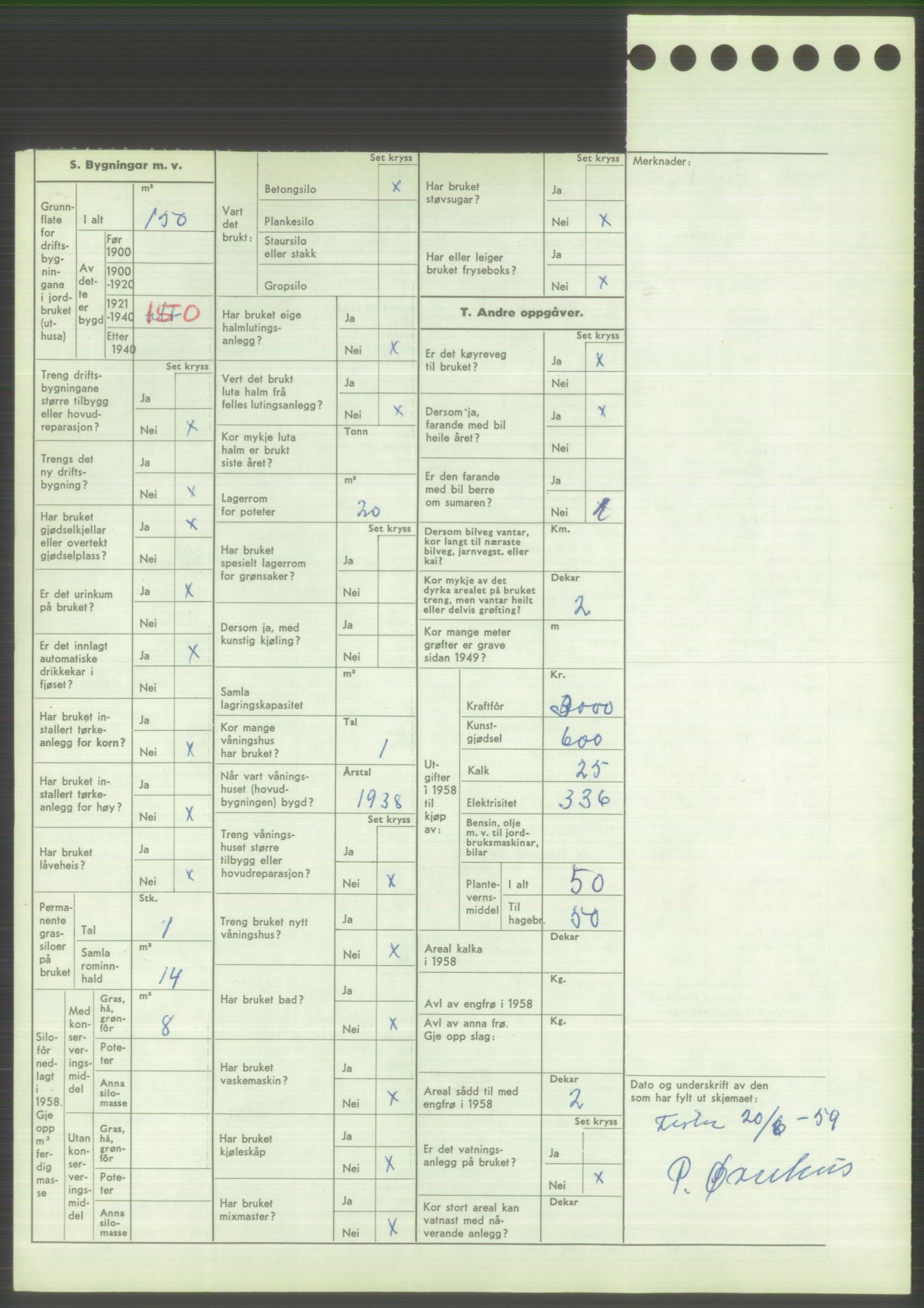 Statistisk sentralbyrå, Næringsøkonomiske emner, Jordbruk, skogbruk, jakt, fiske og fangst, AV/RA-S-2234/G/Gd/L0373: Rogaland: 1130 Strand (kl. 1-2), 1131 Årdal og 1132 Fister, 1959, p. 1826