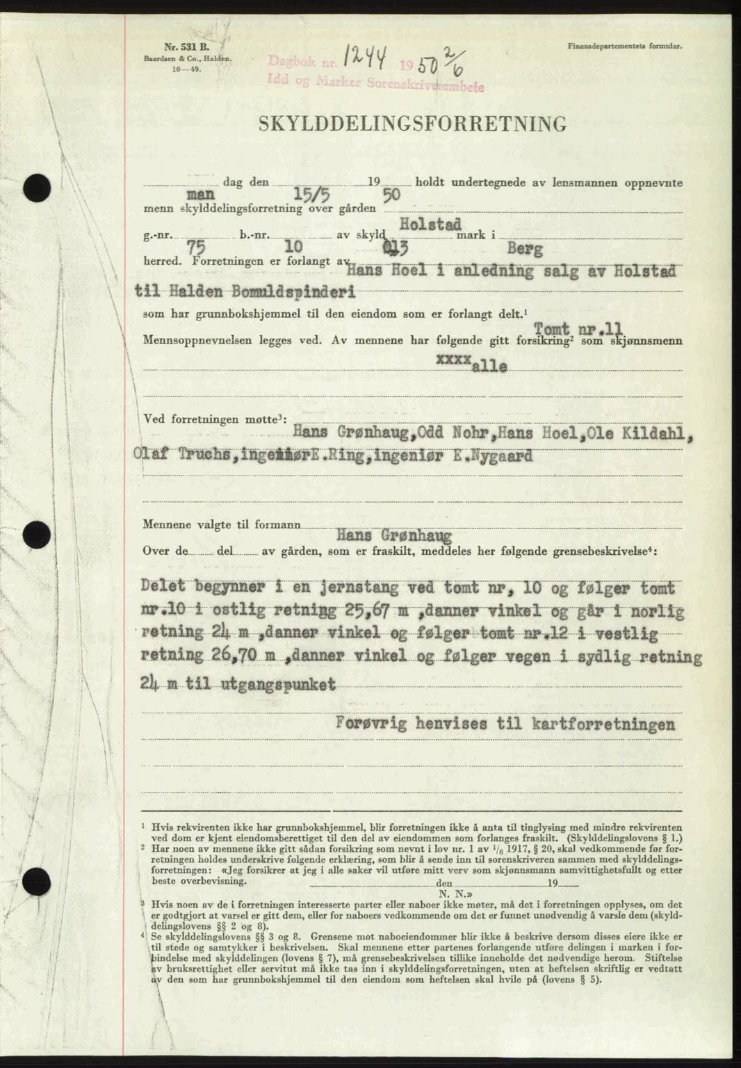 Idd og Marker sorenskriveri, AV/SAO-A-10283/G/Gb/Gbb/L0014: Mortgage book no. A14, 1950-1950, Diary no: : 1244/1950