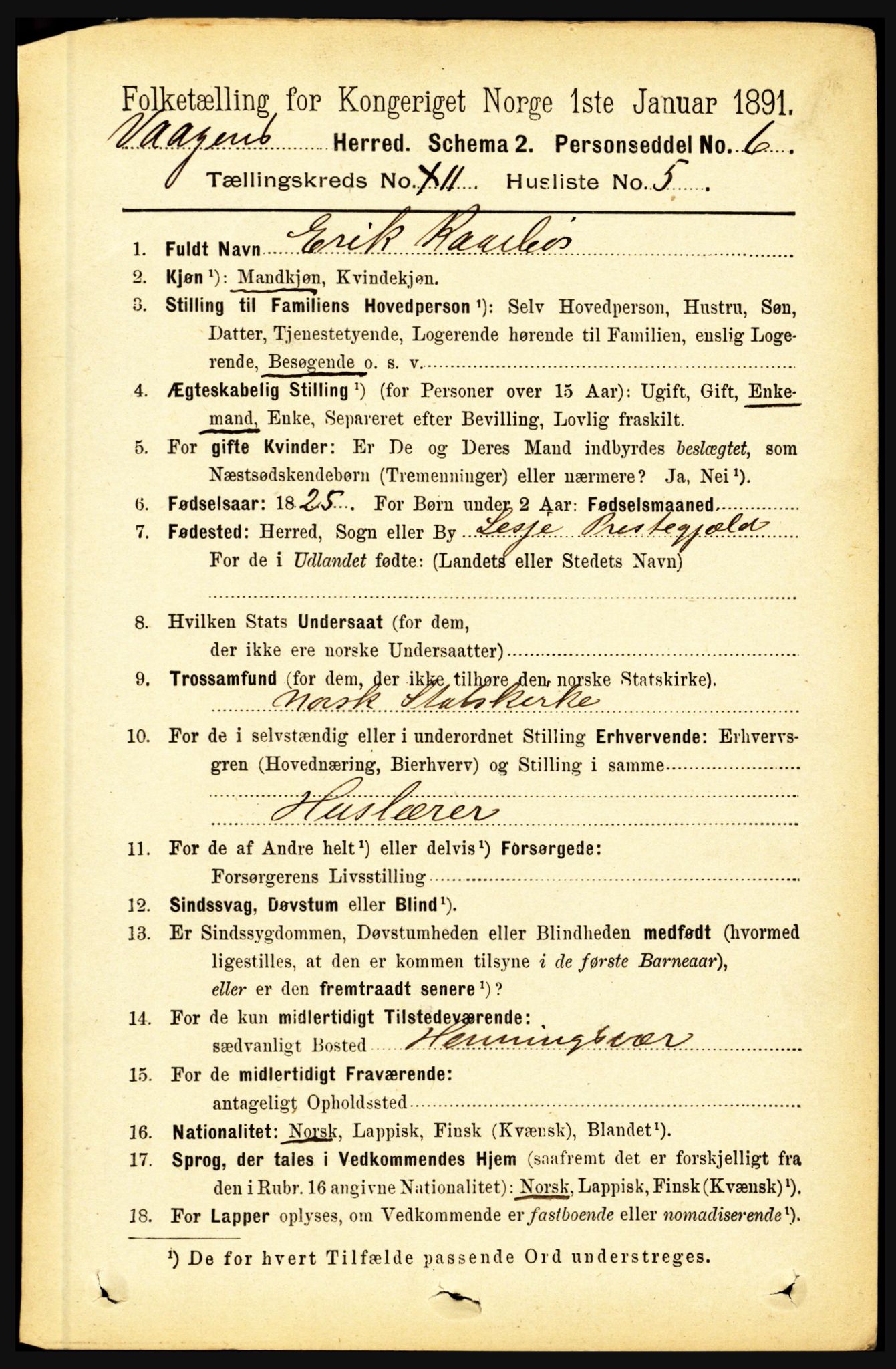 RA, 1891 census for 1865 Vågan, 1891, p. 2924