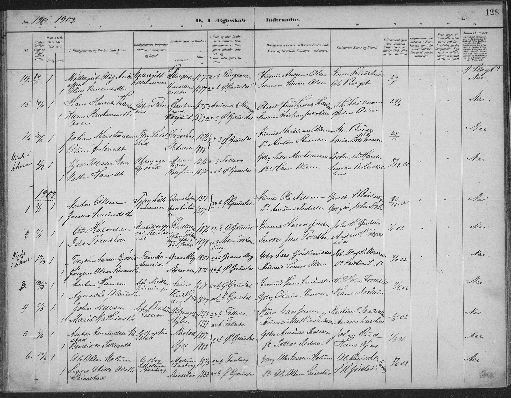 Østre Gausdal prestekontor, AV/SAH-PREST-092/H/Ha/Haa/L0004: Parish register (official) no. 4, 1898-1914, p. 128