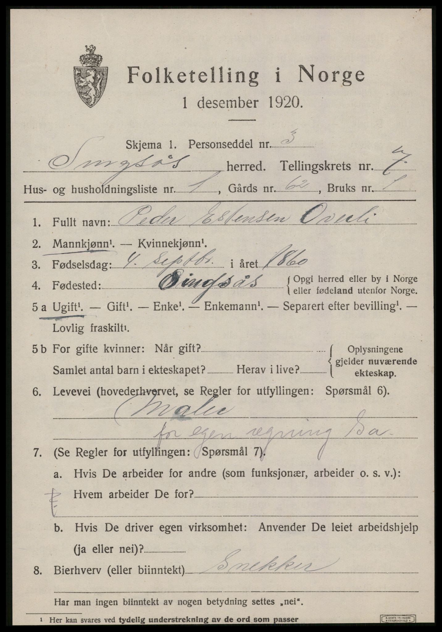 SAT, 1920 census for Singsås, 1920, p. 4019