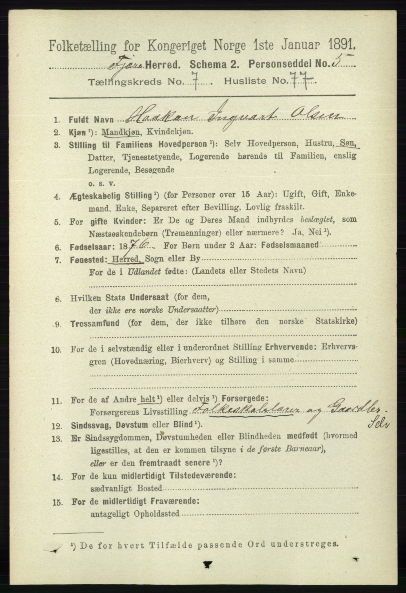 RA, 1891 census for 0923 Fjære, 1891, p. 3668