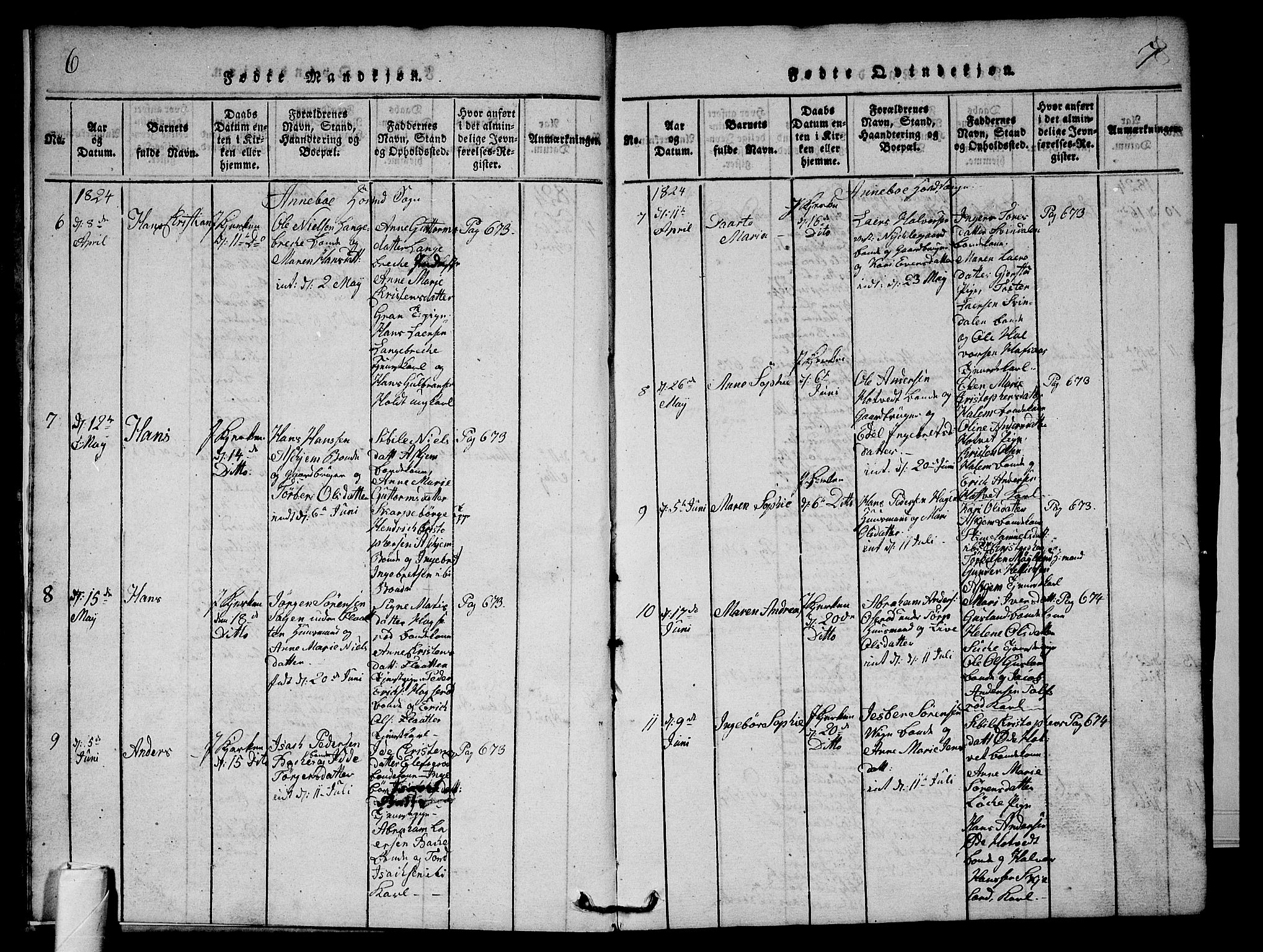 Andebu kirkebøker, AV/SAKO-A-336/G/Ga/L0002: Parish register (copy) no. I 2 /1, 1823-1832, p. 6-7