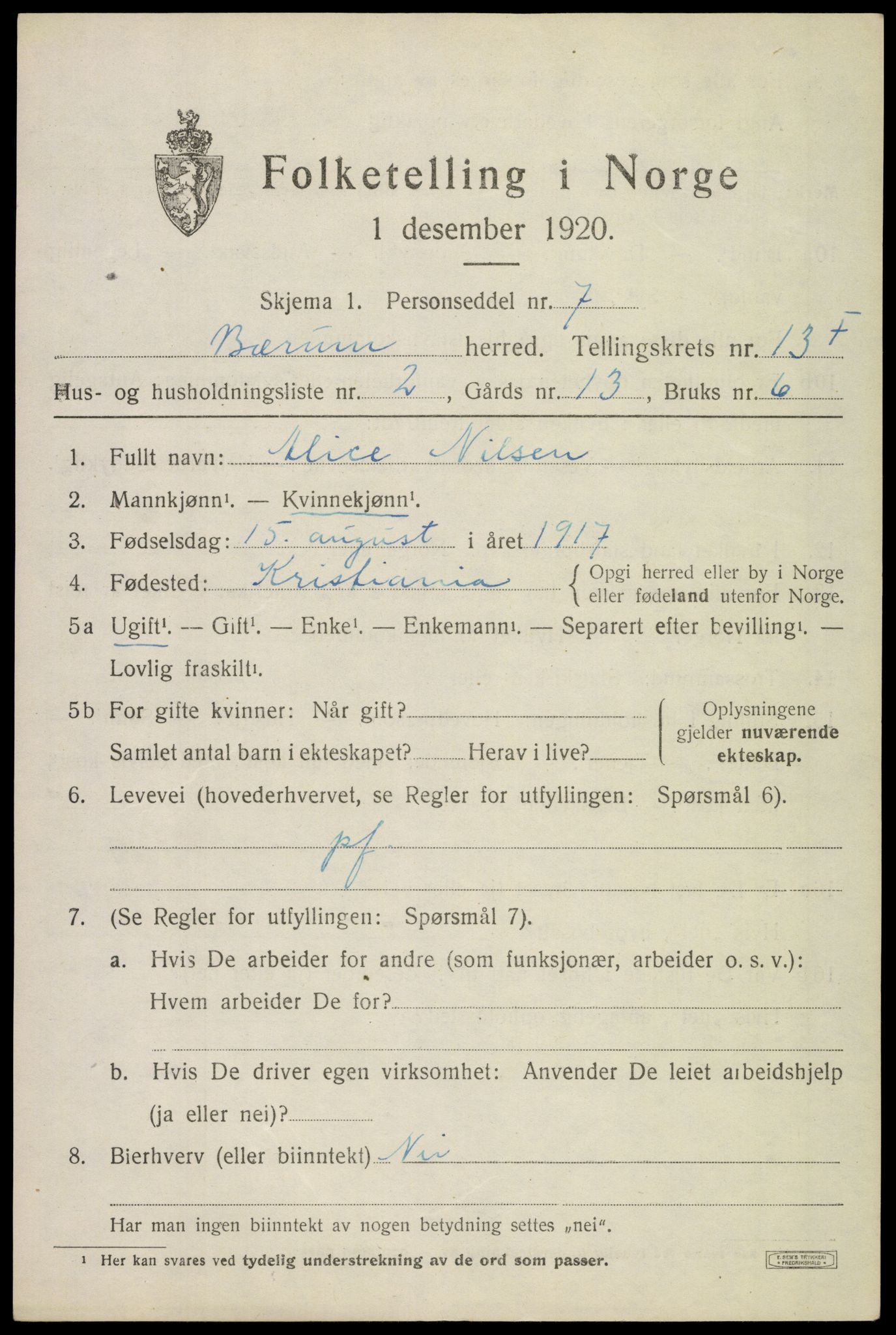 SAO, 1920 census for Bærum, 1920, p. 38990