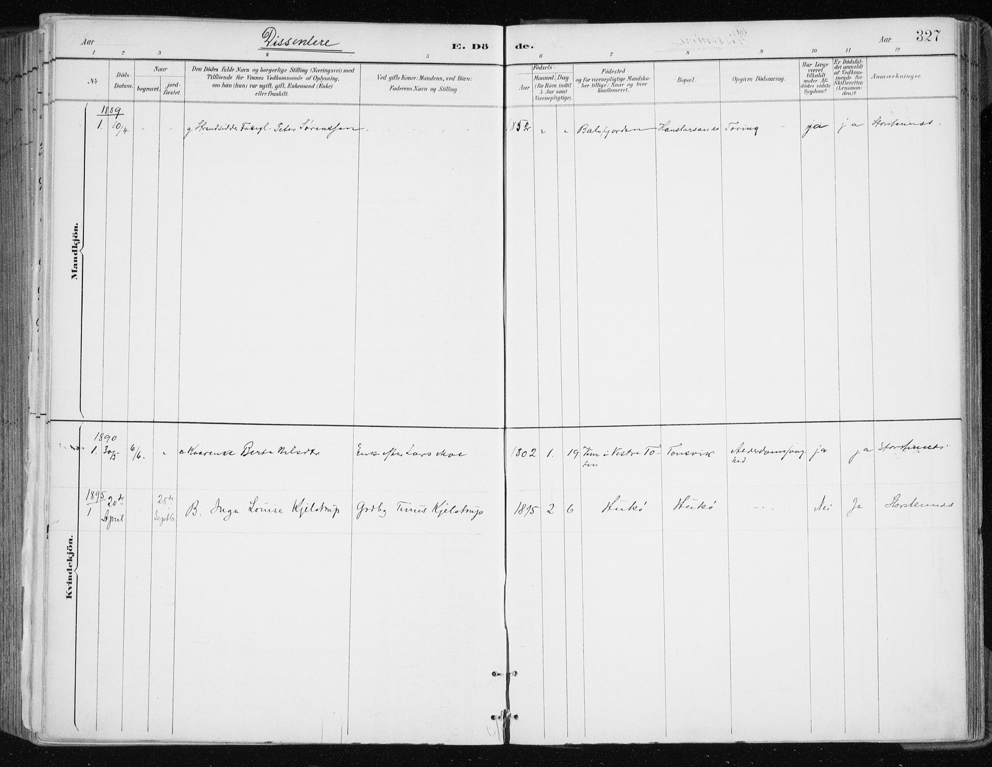 Tromsøysund sokneprestkontor, SATØ/S-1304/G/Ga/L0005kirke: Parish register (official) no. 5, 1888-1896, p. 327