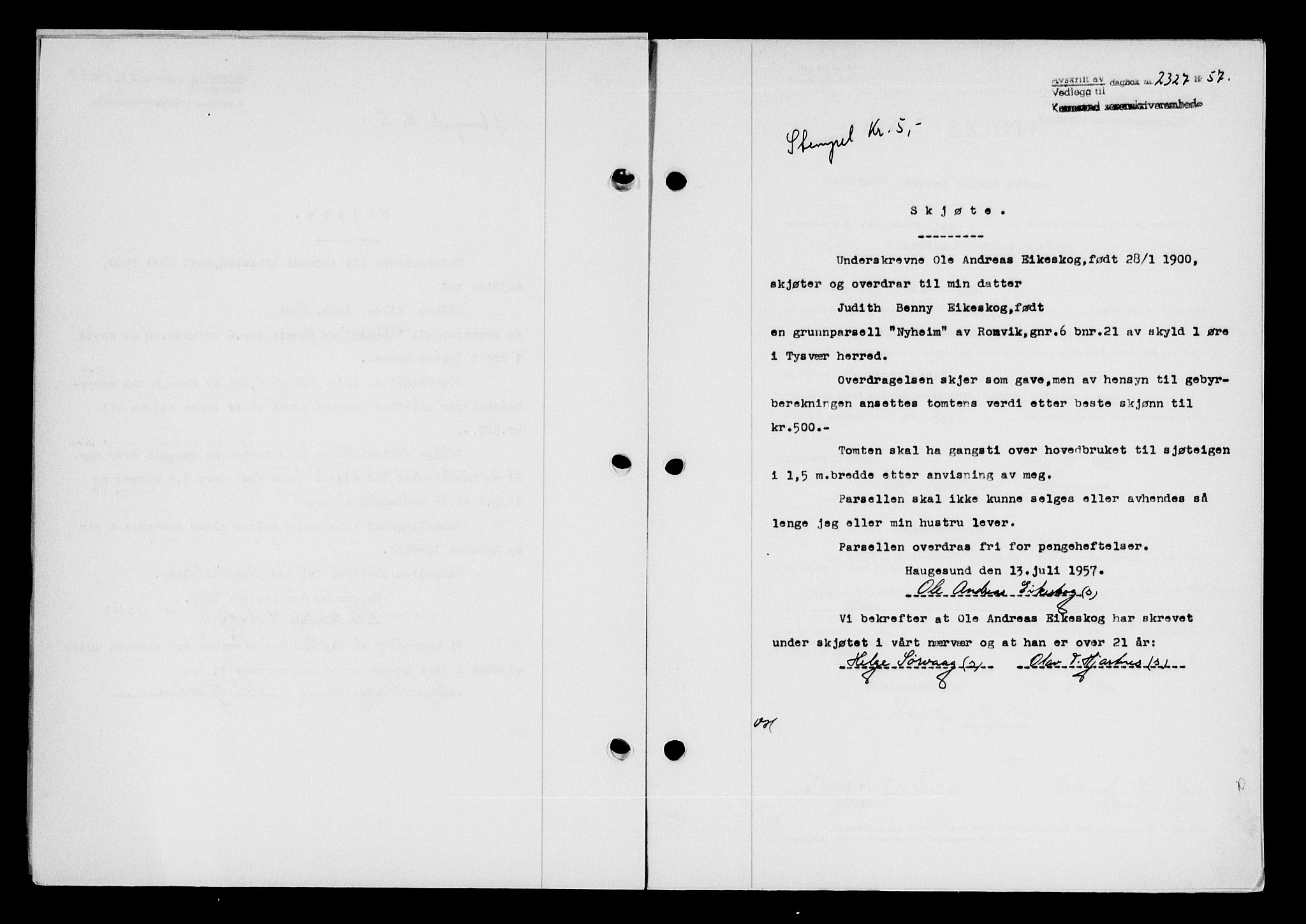 Karmsund sorenskriveri, AV/SAST-A-100311/01/II/IIB/L0125: Mortgage book no. 105A, 1957-1957, Diary no: : 2327/1957