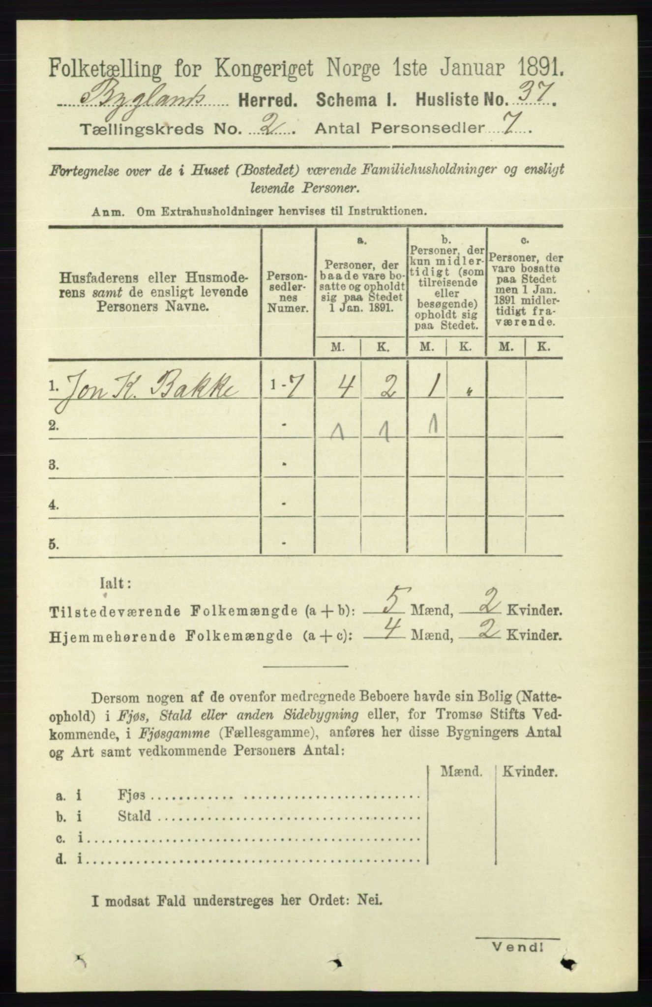 RA, 1891 census for 0938 Bygland, 1891, p. 250