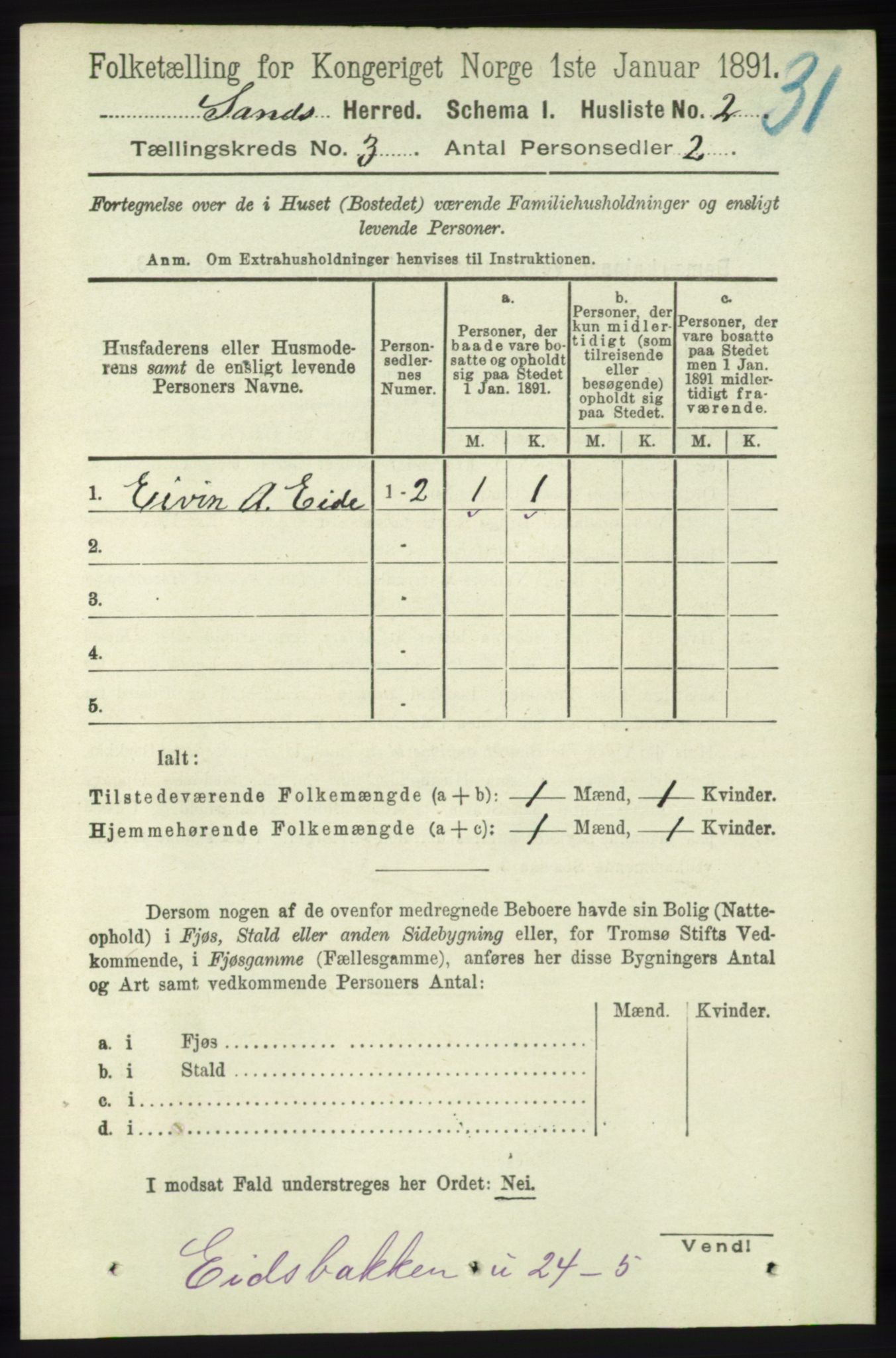 RA, 1891 census for 1136 Sand, 1891, p. 579