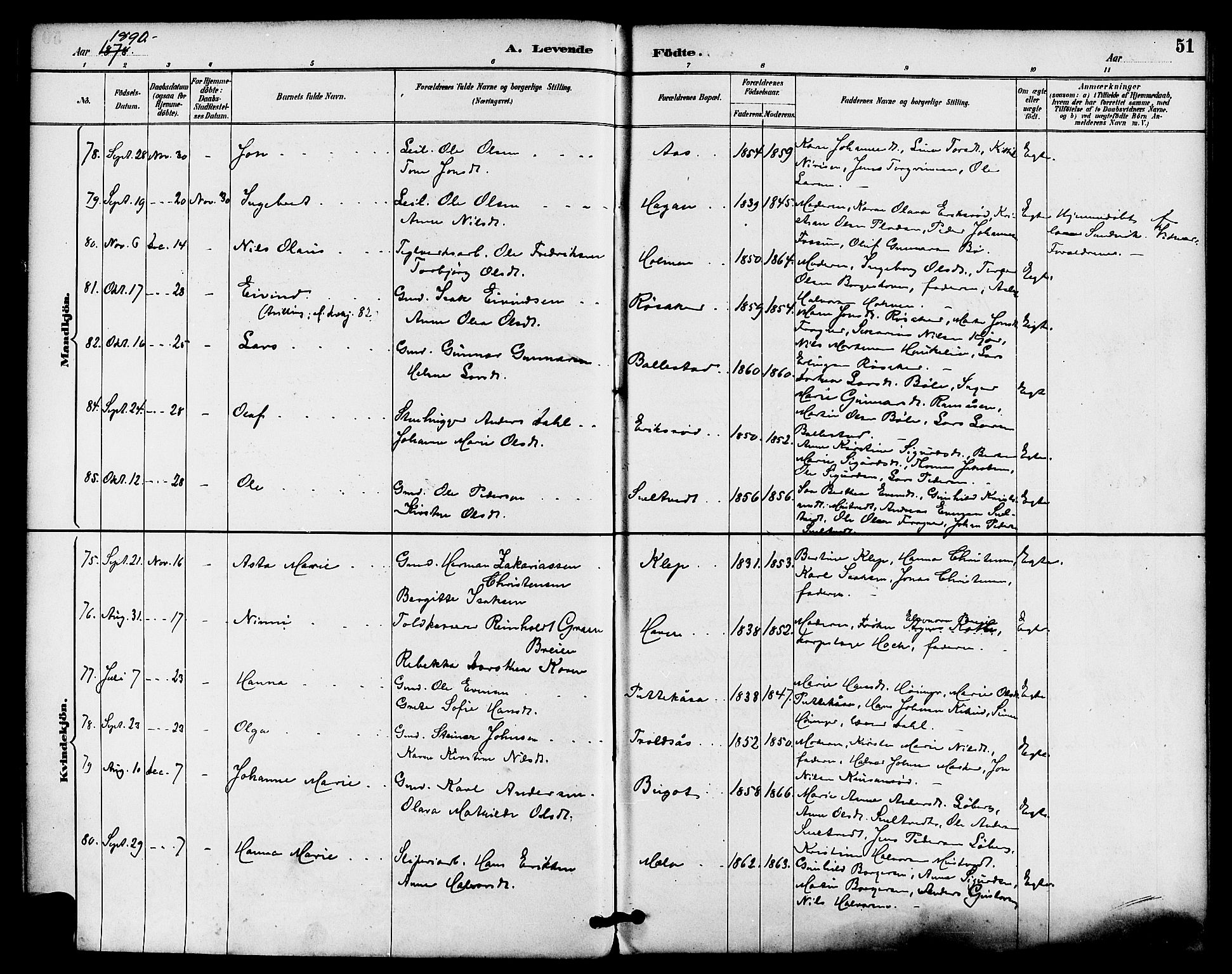 Gjerpen kirkebøker, AV/SAKO-A-265/F/Fa/L0010: Parish register (official) no. I 10, 1886-1895, p. 51