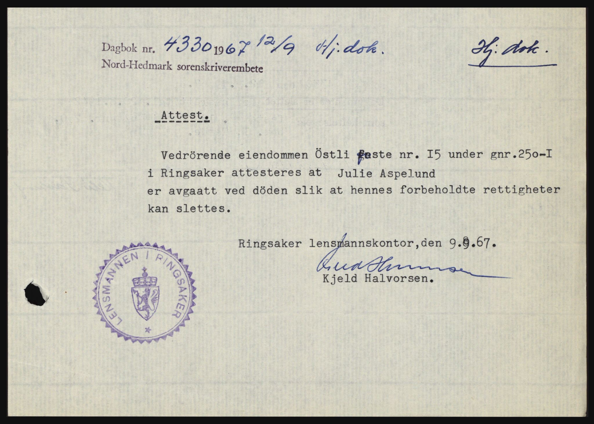 Nord-Hedmark sorenskriveri, SAH/TING-012/H/Hc/L0026: Mortgage book no. 26, 1967-1967, Diary no: : 4330/1967