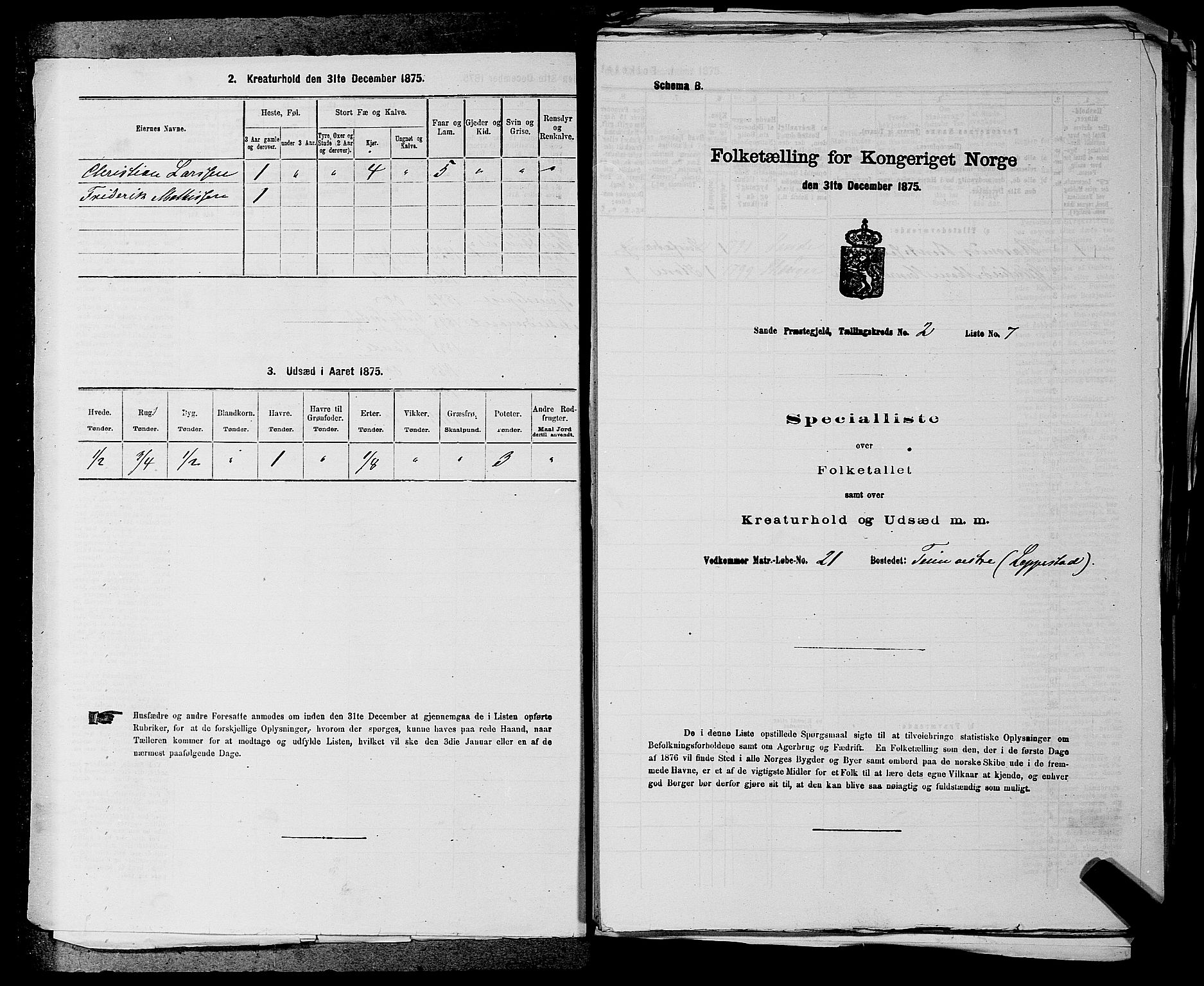 SAKO, 1875 census for 0713P Sande, 1875, p. 280